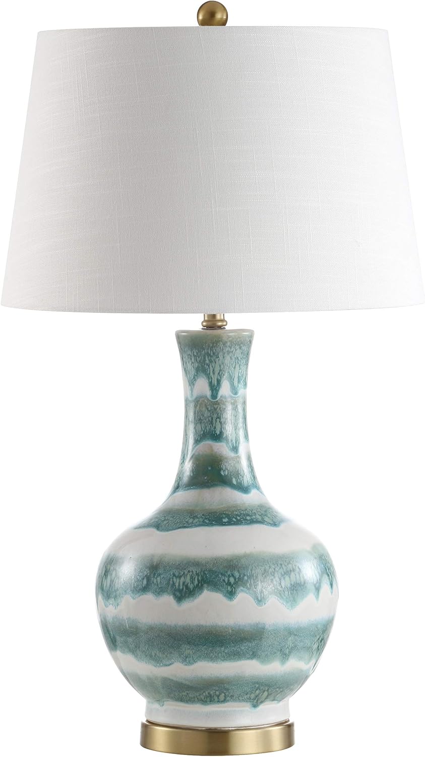 JONATHAN Y 30.5" Green/White Striped Ceramic Table Lamp for Bedroom Living Room, Modern Coastal Bedside Lamp with Gold Base and White Linen Shade, LED Bulb Included JYL3054A