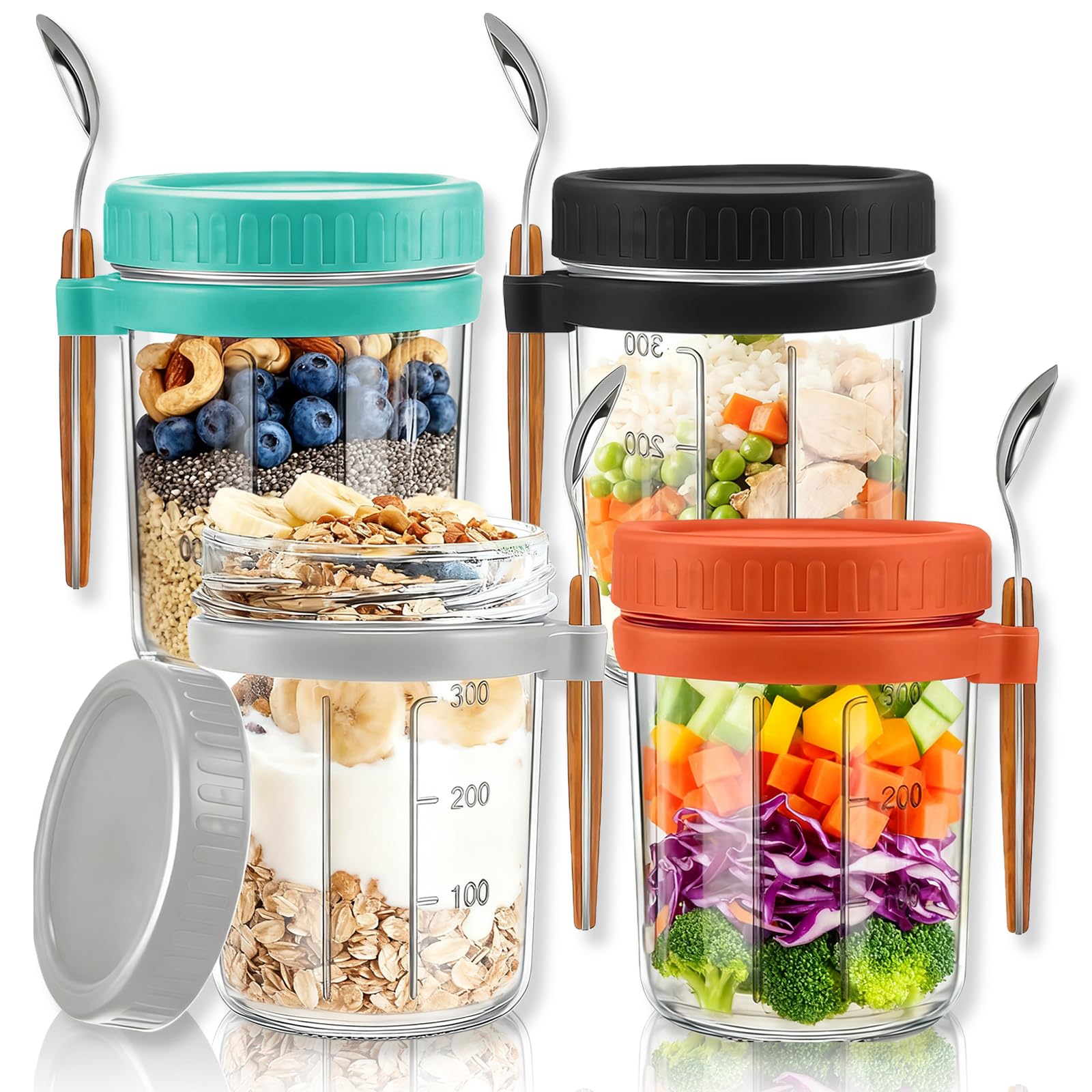 Meetoz Color Mixing -4Pack 4 Pack Overnight Oats Containers With Lids And Spoons 16 Oz Glass Mason Jars, Vegetable And Fruit Salad Storage Container With Measurement Marks, Glasss Jars For Cereals,Yogurt (Color Mixing -4Pack)