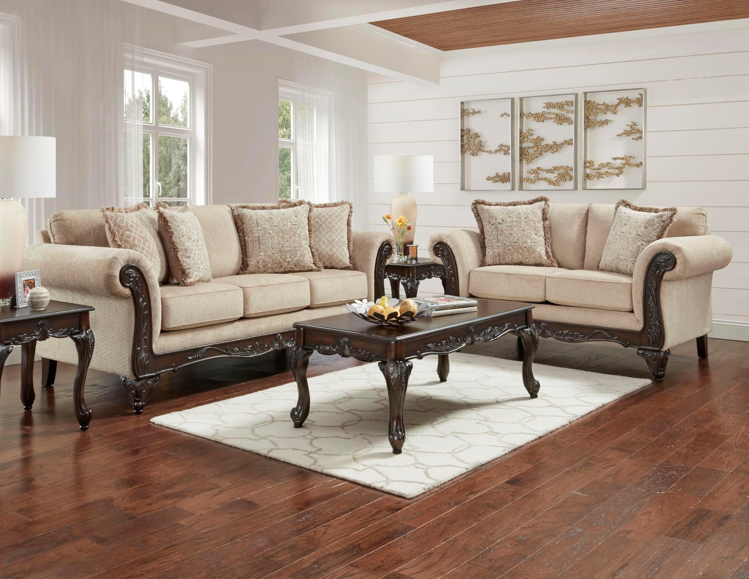 Hernen 2-Piece Living Room Set, Carved Wood Frame Sofa and Loveseat, Beige Wheat