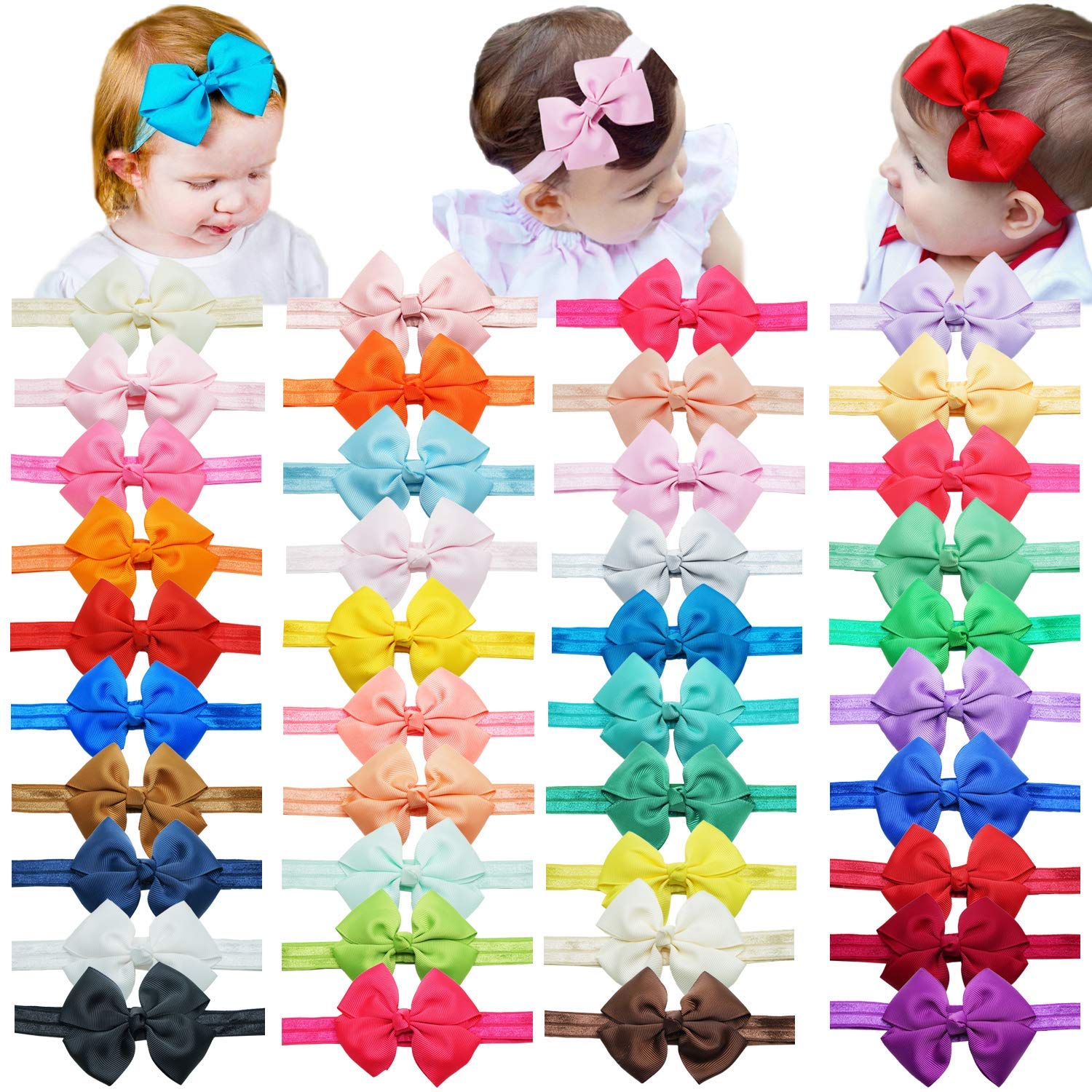 Yxiang 40PCS Baby Headbands, 3.5" Newborn Headband Soft Nylon Headbands Grosgrain Ribbon Baby Bow Elastic Hairband for Baby Girl Infant Toddler (40 Colors)