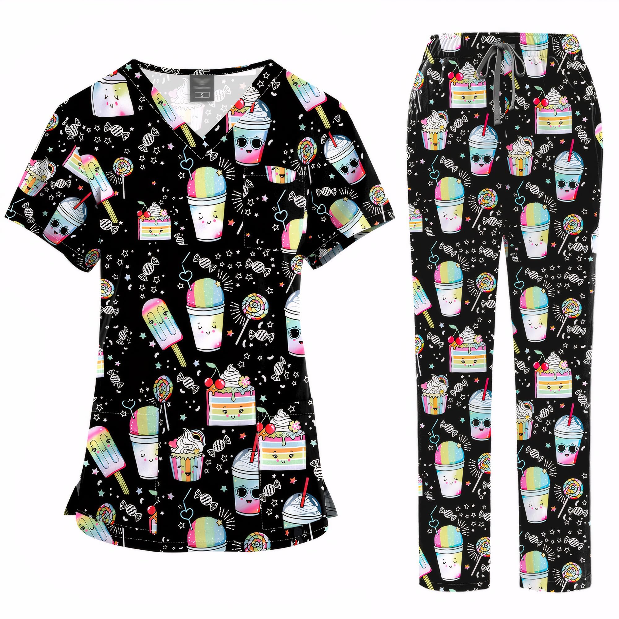 DK73 - Ropa quirúrgica médica para trabajadores sanitarios, estampado de dibujos animados, cuello en V, manga corta, dos bolsillos, poliéster, ligero, para todo el año, juego de trabajo