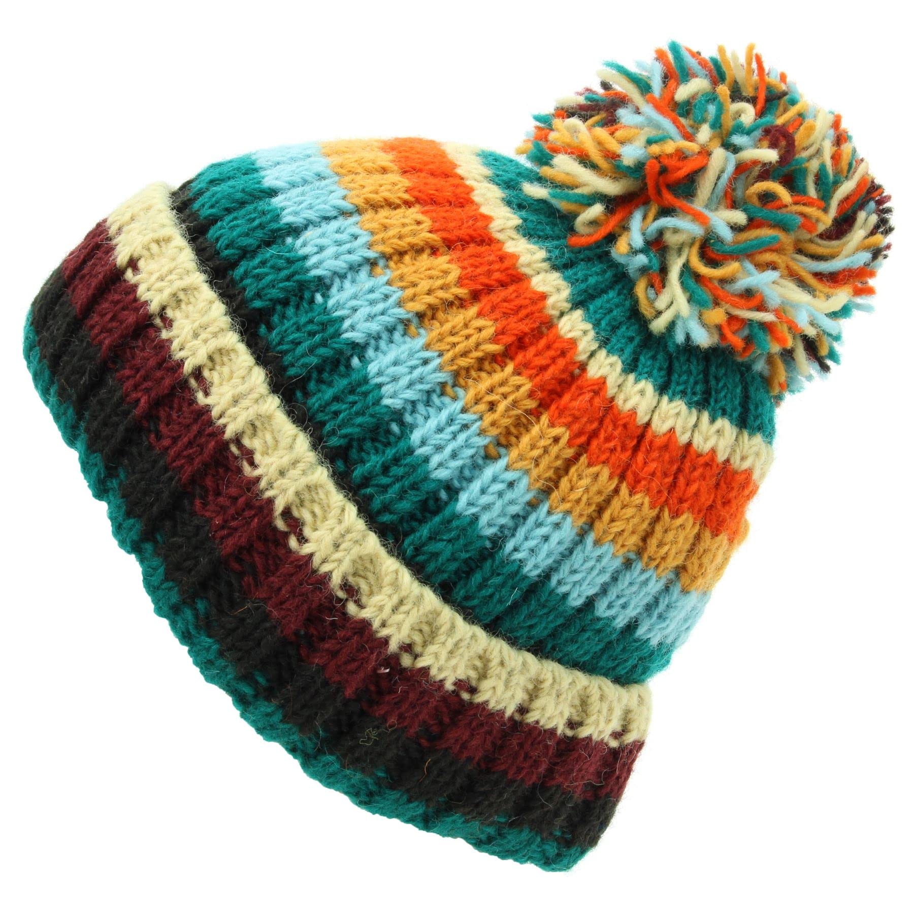 LOUDelephant Hand Knitted Wool Beanie Bobble Hat - Stripe Retro D