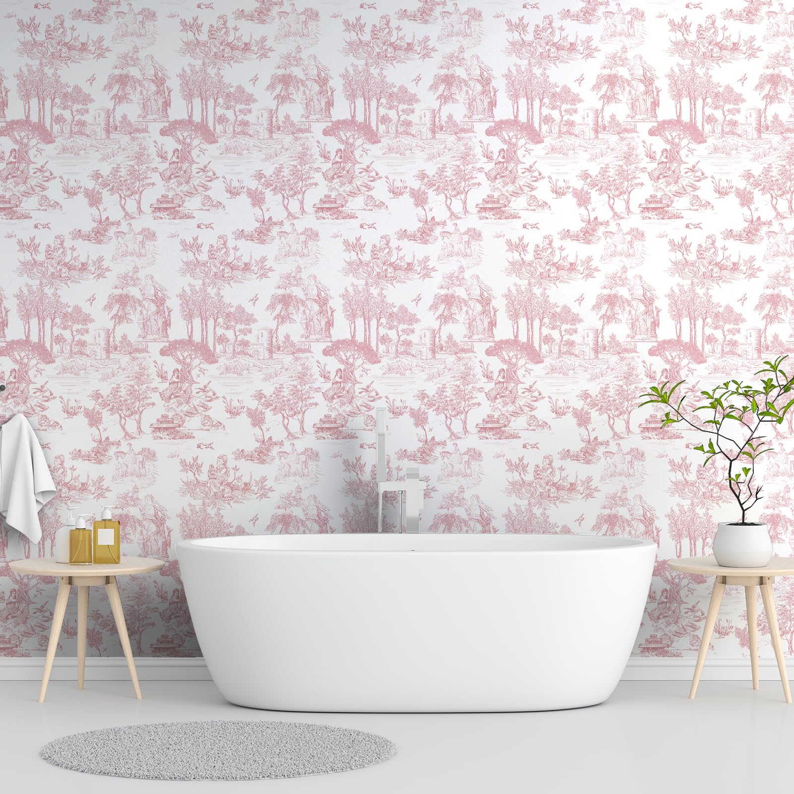 WENMER Toile Wallpaper, 17.7" X 590" Pink and White Peel and Stick Wall Paper, Toile de Jouy Wallpaper, French Vintage Contact Paper for Bedroom, Walls, Backdrop, Cabinet, Home Decor: 17.7" x 118" Pink