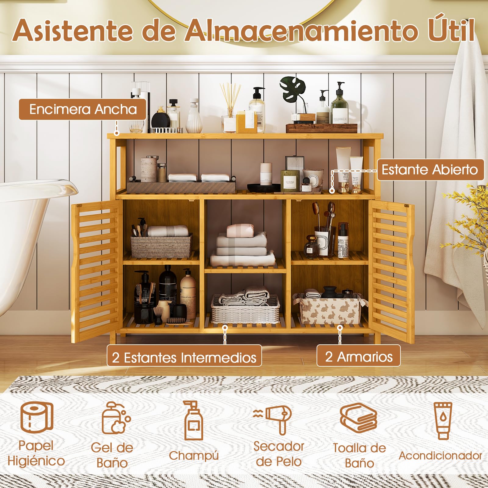 COSTWAY Armario y Aparador de Bambú, Aparador para Comedor con 2 Puertas y Estantes, Mueble Auxiliar de Almacenamiento para Salón Baño Cocina y Comedor, 100 x 35 x 80 cm, Natural