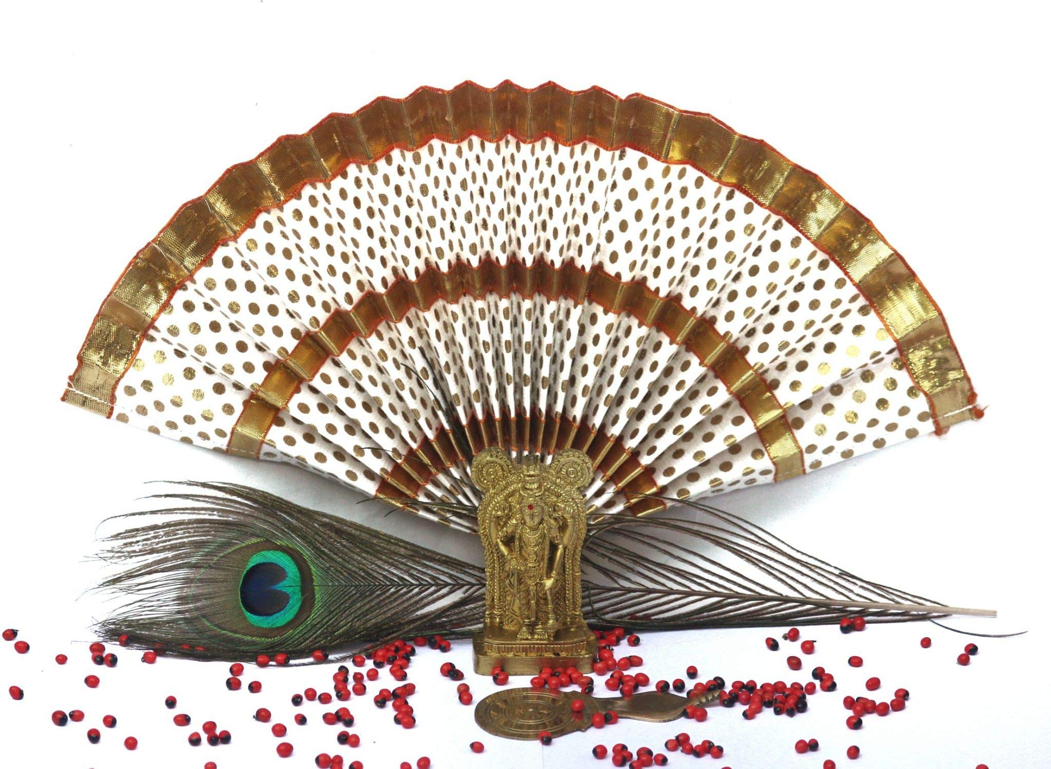 Swadeshi Desire™Vishu Kani kit of Small Guruvayurappan(9 cm), Thiru udayada(7″), mayilpeeli, Fancy Brass vaalkannadi and kunnikuru(red Lucky Seeds)