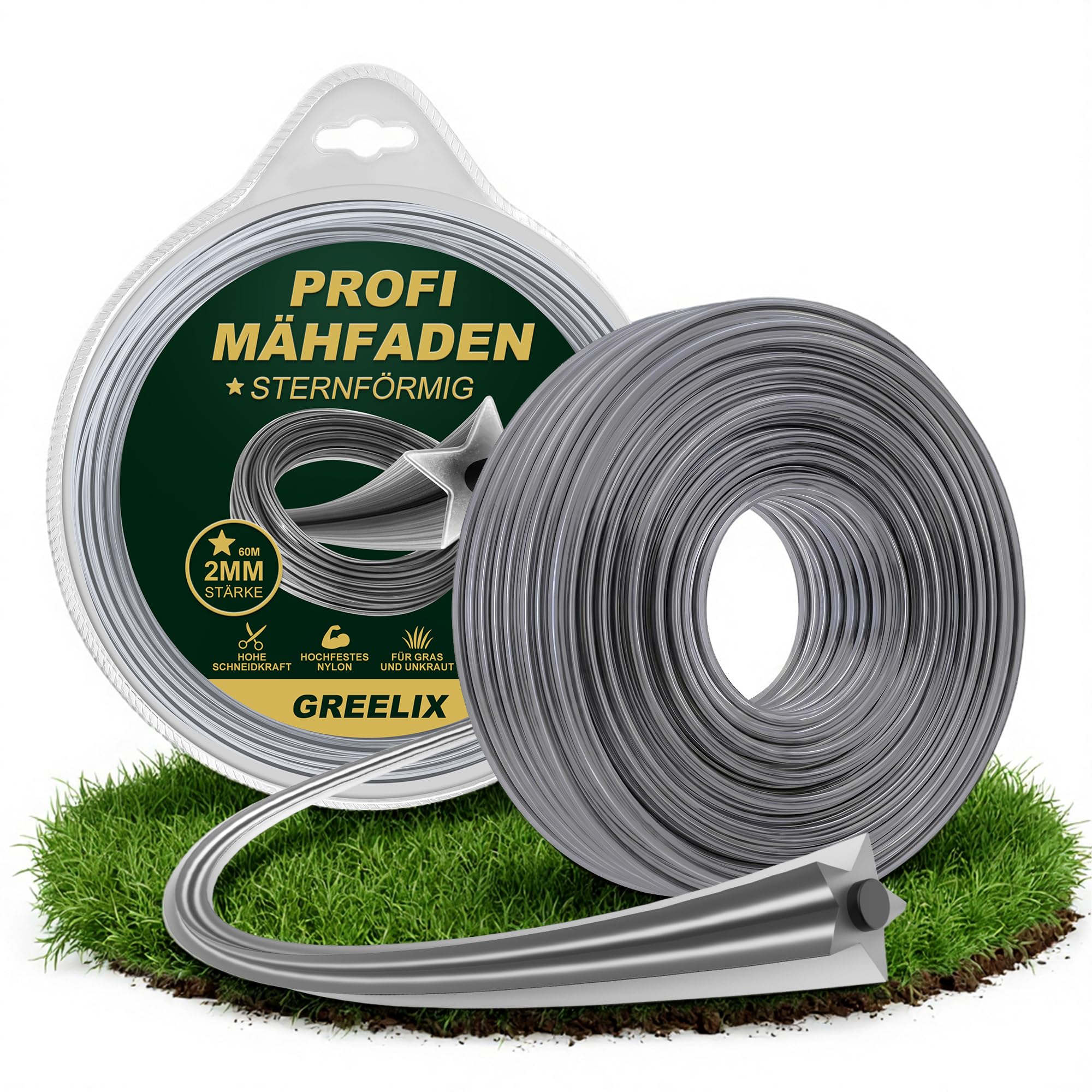Hilo Desbrozadora 2mm x 60m – Bobina de Nailon en Forma de Estrella para Desbrozadoras y Recortadoras, Hilo Reforzado para Desbrozadoras, Corte Limpio