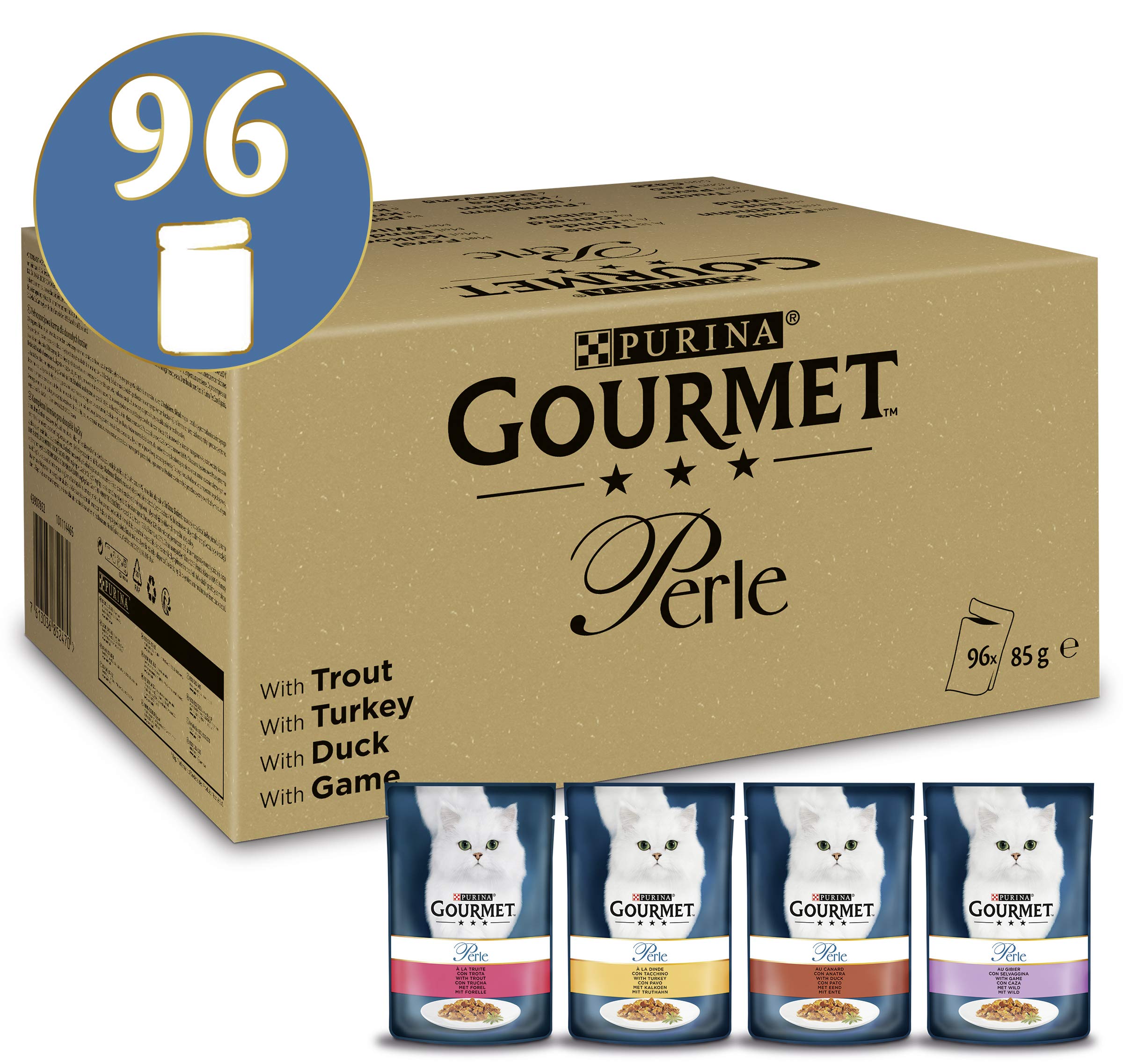 PURINA GOURMET Perle Erlesene Streifen in Gelee, 96 Portionsbeutel Katzenfutter nass, Sorten-Mix, 12er Pack (12 x 8 Beutel à 85g) & Perle Erlesene Streifen Katzenfutter nass, 60er Pack (60 x 85g)
