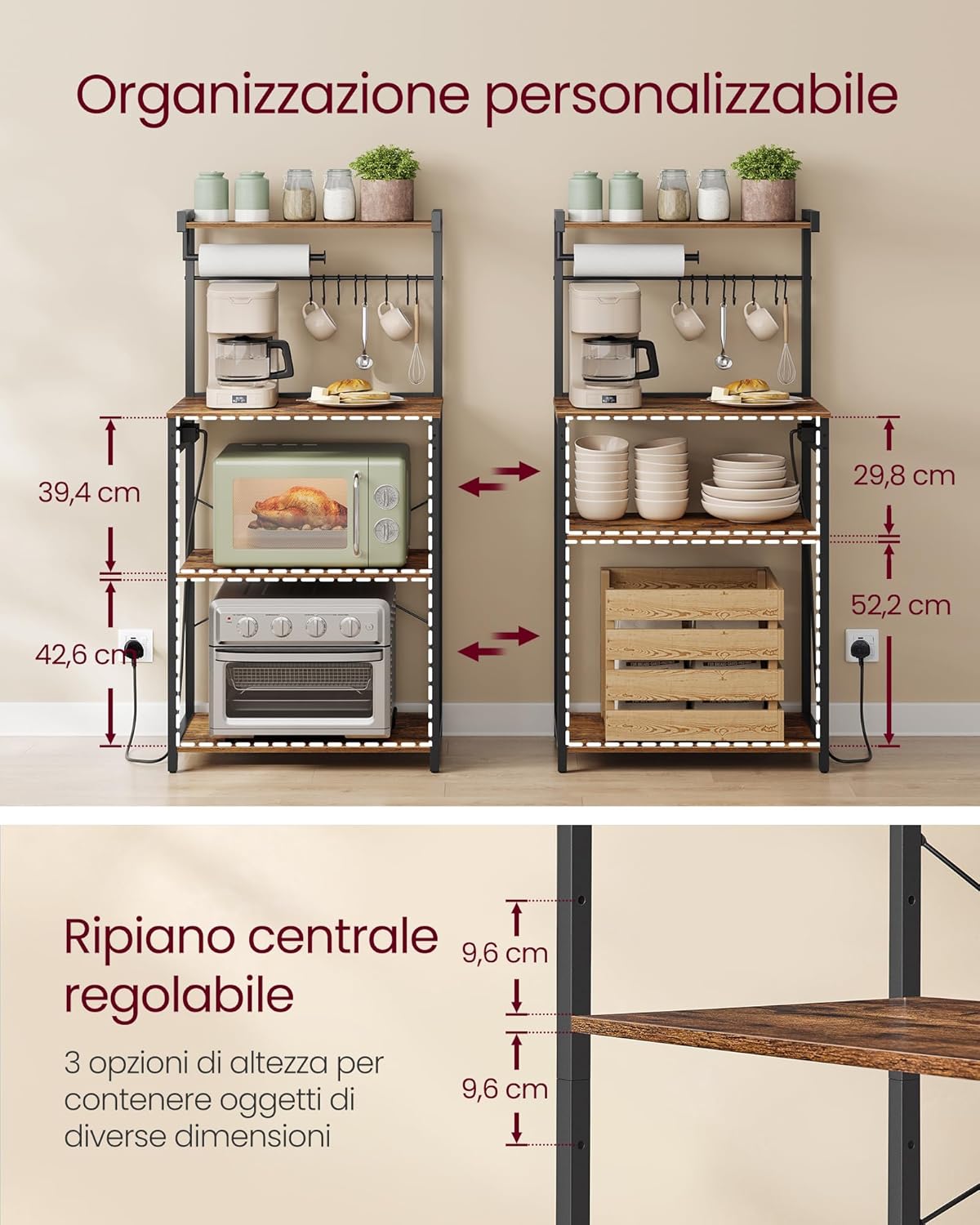 Close-up of the integrated power strip with two AC outlets and a red safety switch.