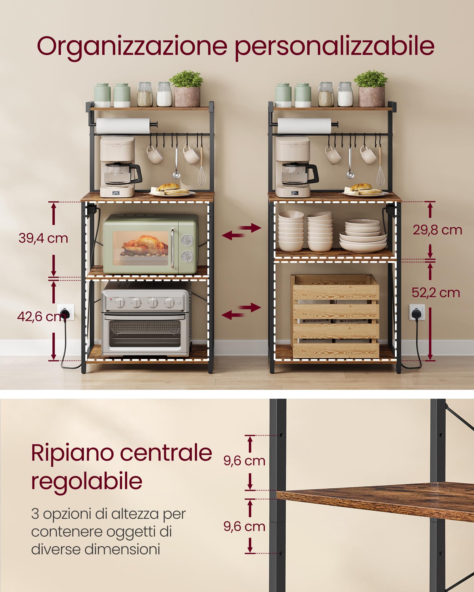 VASAGLE Scaffale da Cucina con Presa Elettrica, Bar Caffèa 4 Ripiani con Uno Regolabile, Supporto per Microonde, Porta Carta da Cucina, 40 x 60 x 140 cm, Marrone Vintage e Nero Inchiostro KKS014K02