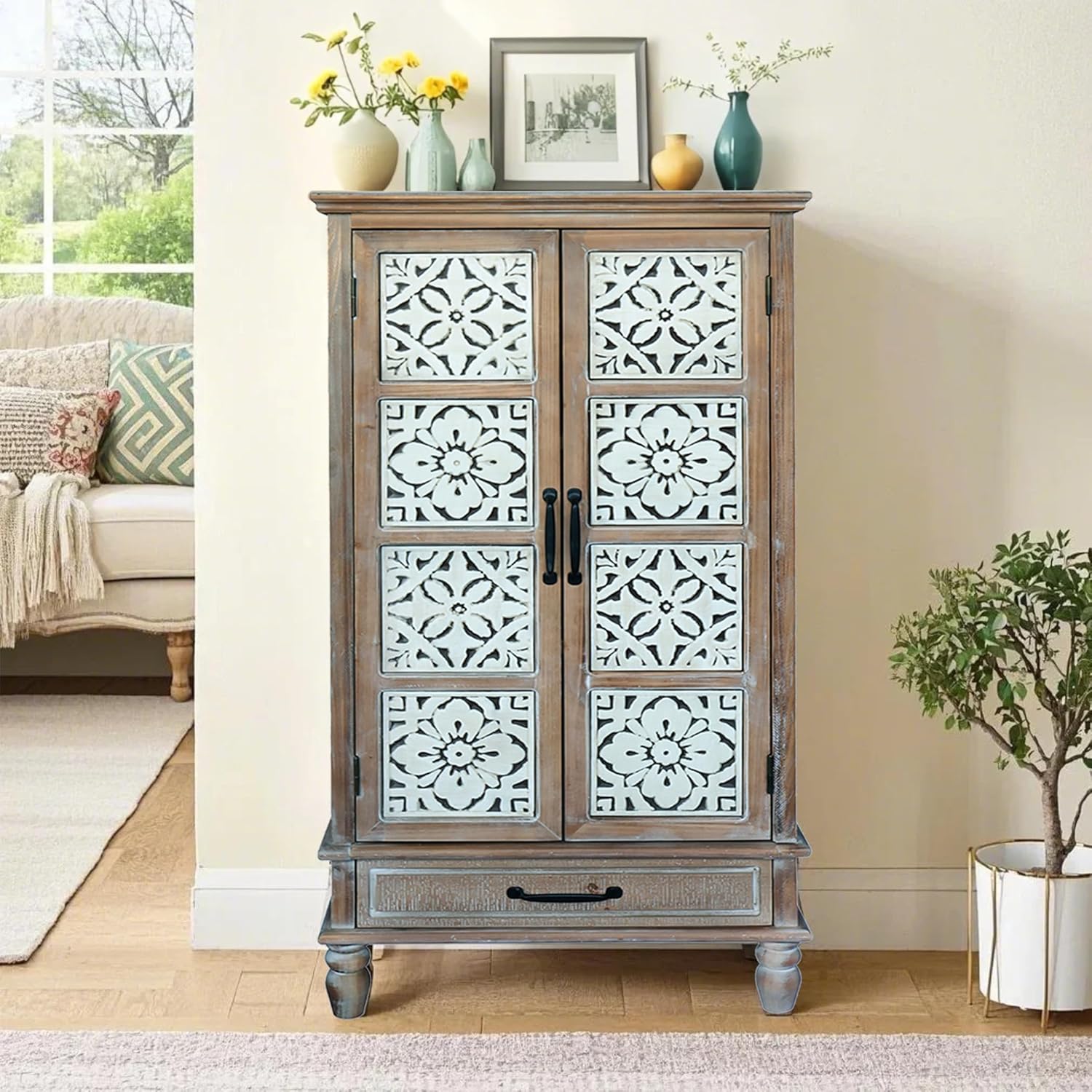 LKTART 55" Tall Vintage Sideboards Carved Wood Buffet Cabinet,Farmhouse Pantry Decorative Cabinet with Carved Doors and Drawers for Home Decor and Finishing Fir Wood