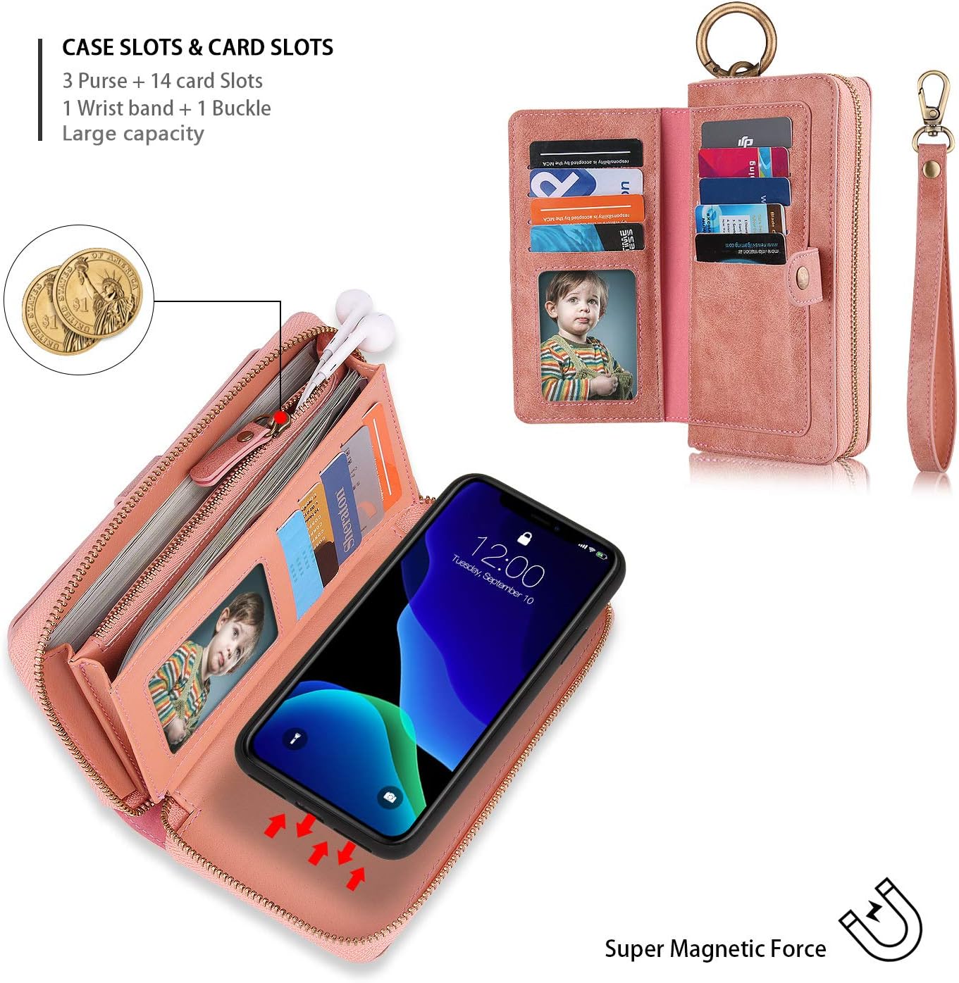 XRPow Wallet Case iPhone 11 Pro Max 6.5Inch [2 in 1] Magnetic Detachable Wallet Case [Vegan Leather] Zipper Clutch Folio Flip Card Solt [Wrist Strap] Purse Protection Back Cover - Rose Gold