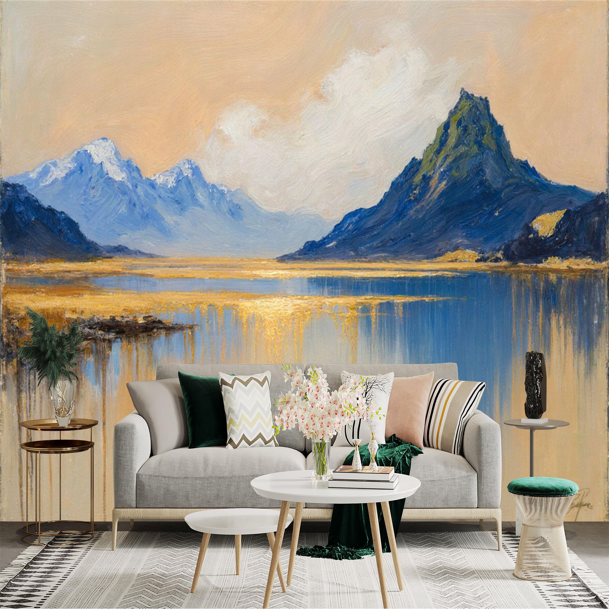 Custom Size Wall Sticker Mural， Oil Painting Style Mountain Lake， Golden Reflections， Serene Nature Landscape， for wall Decoration， peelandstick wall Decals.