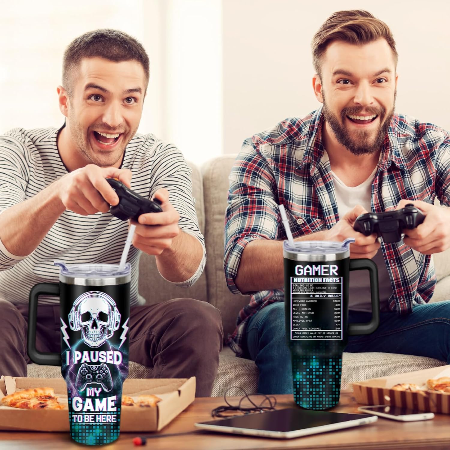 Game Tumbler with Lid and Straw, 40oz Gamer Water Bottle Cup with Handle, Gaming Travel Coffee Mugs, Birthday Gifts for Gamer Men Boys