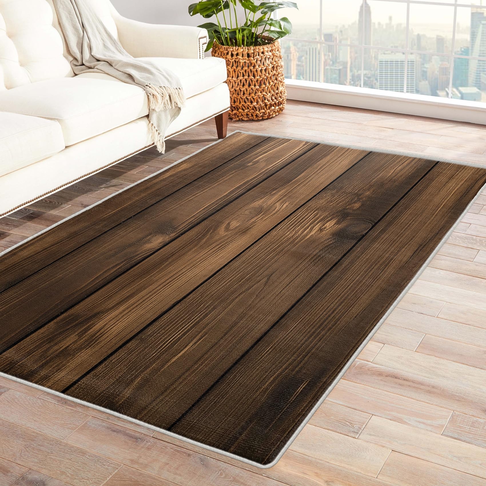 Tapis Salon Nettoyage Facile et Antidérapant - Moquette Douce Motif Bois Ferme