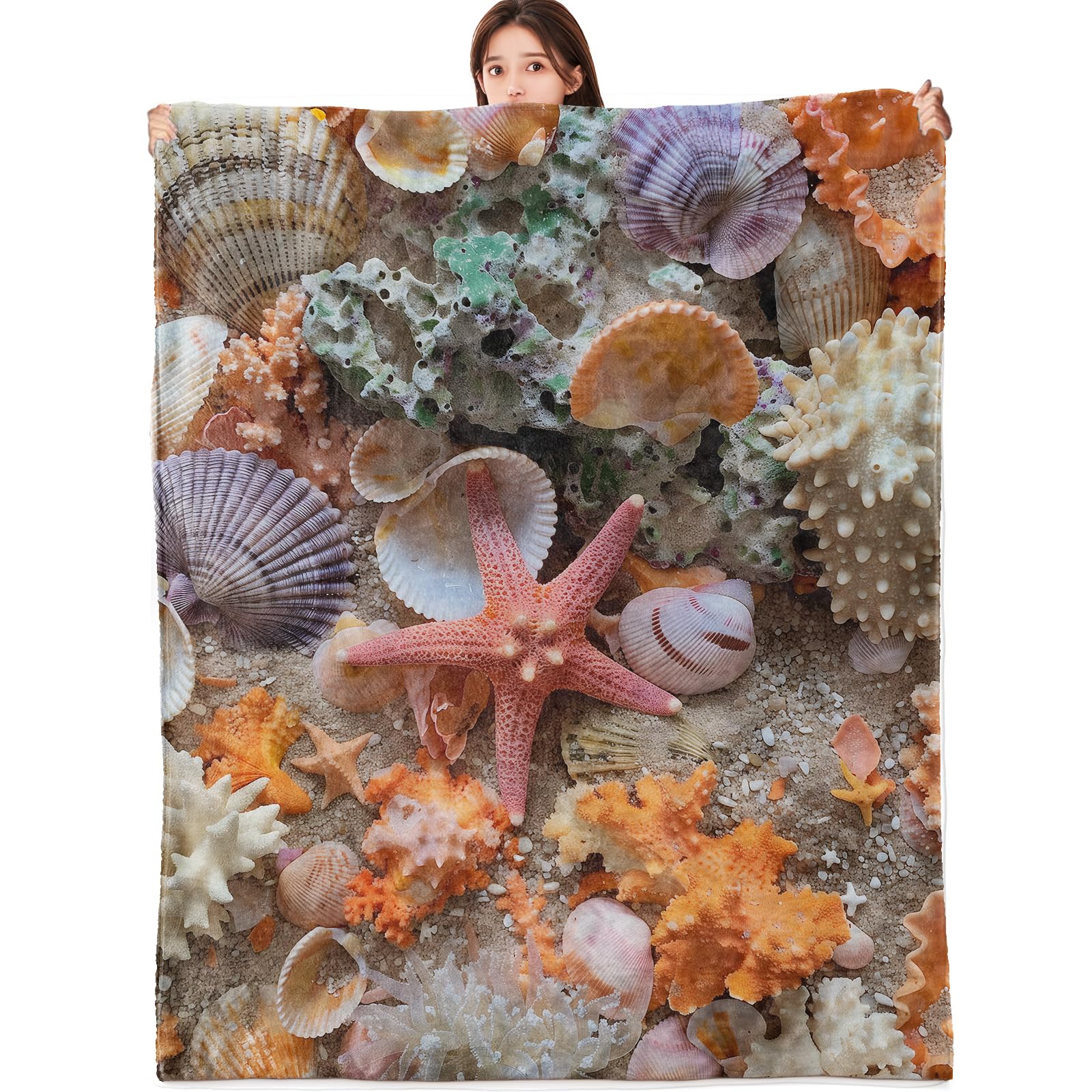 vnlvnl Ocean Blanket Lightweight Flannel Blankets Gifts for Women with Starfish Coral Seashell Printed Throw for Couch Travel Office Bedroom Beach