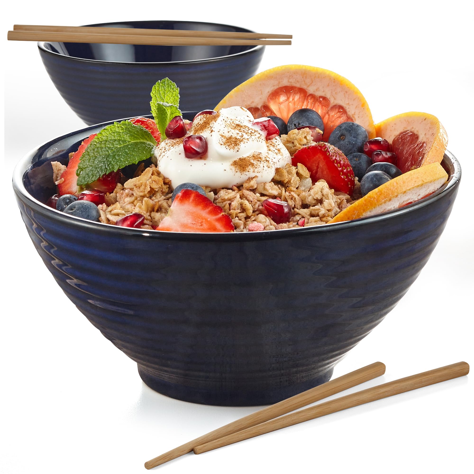 Hana Emika 24oz Ceramic Ramen Bowls with Chopsticks Set of 2 - Reactive Glaze Japanese Pho Noodle Soup Bowls, Microwave and Dishwasher Safe, Navy Blue