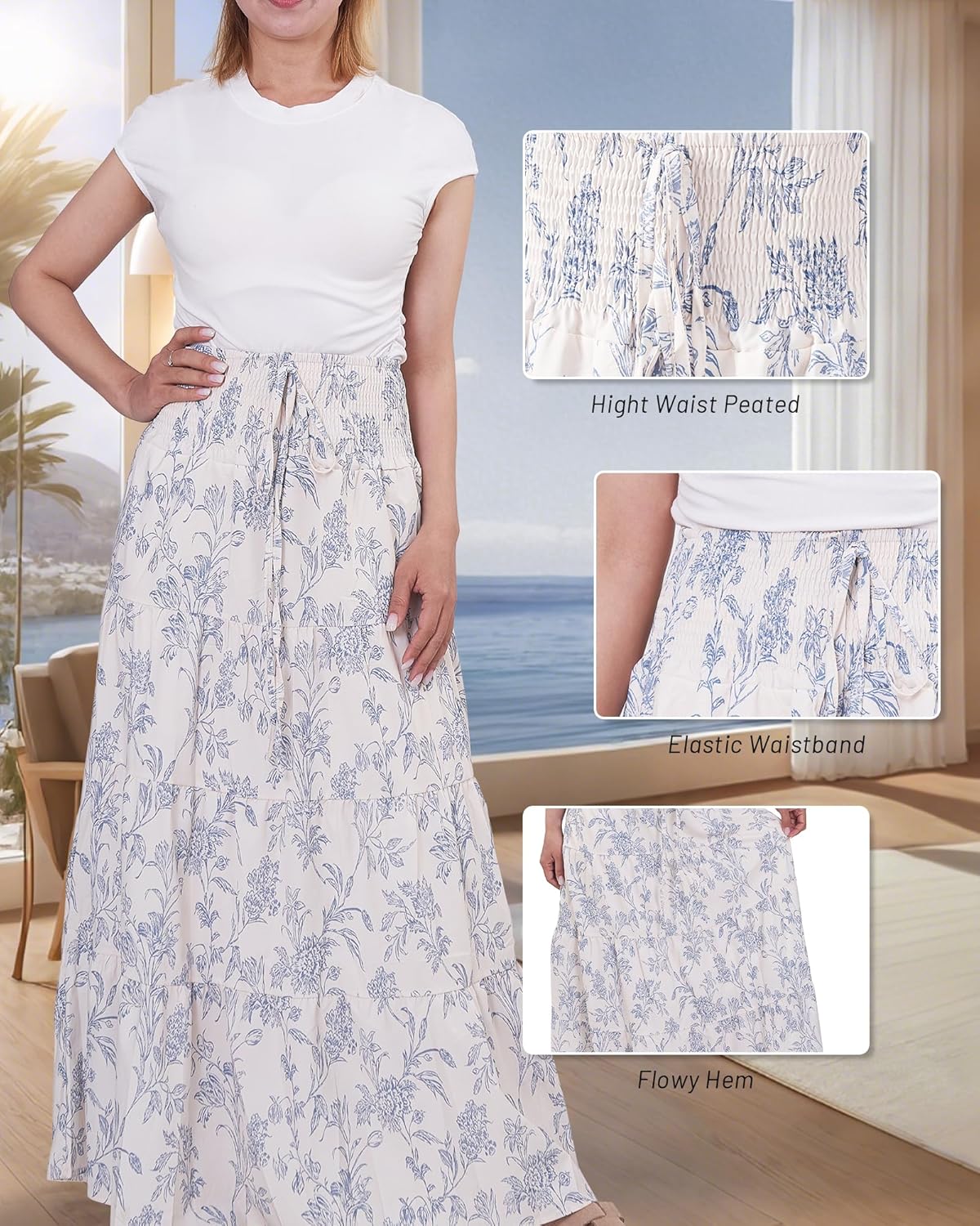 Women's Summer Flowy Boho Maxi Skirt 2025 A-Line Flowy Ruffle Tiered Drawstring Elastic High Waist Beach Long Skirts - Image 4