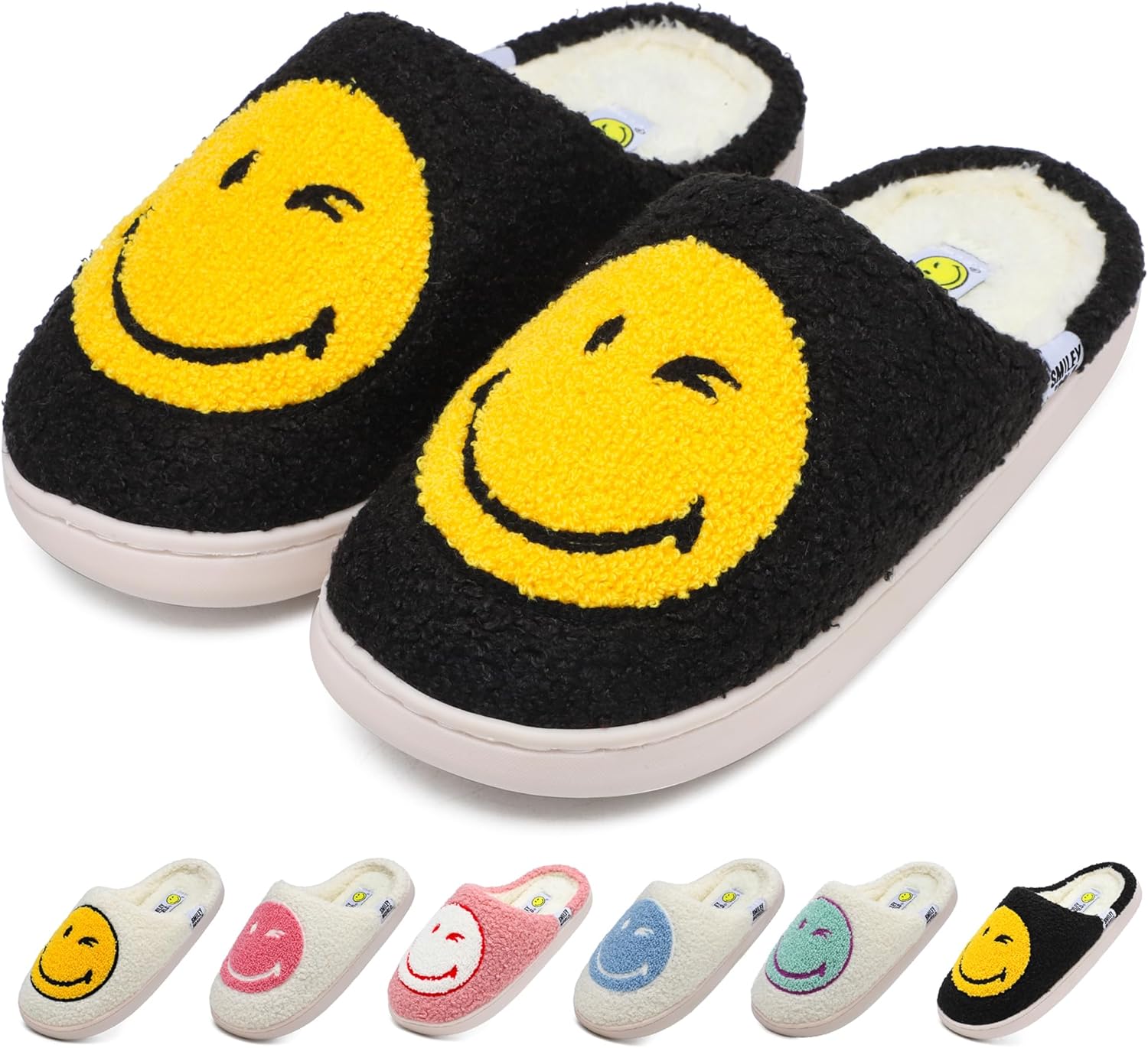 Wpecgoo Smile Face Slippers for Womens Mens Soft Plush House Slippers Retro Happy Slip-On Slides Winter Warm Comfy Memory Foam Fluffy Indoor Outdoor Shoes
