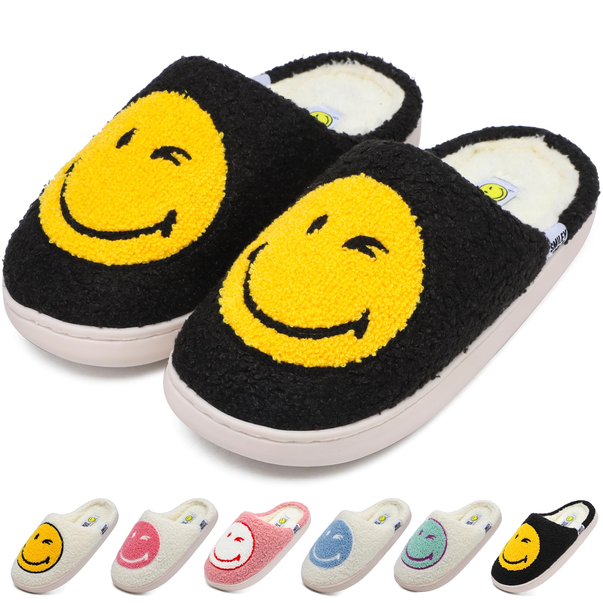 Wpecgoo Smile Face Slippers for Womens Mens Soft Plush House Slippers Retro Happy Slip-On Slides Winter Warm Comfy Memory Foam Fluffy Indoor Outdoor