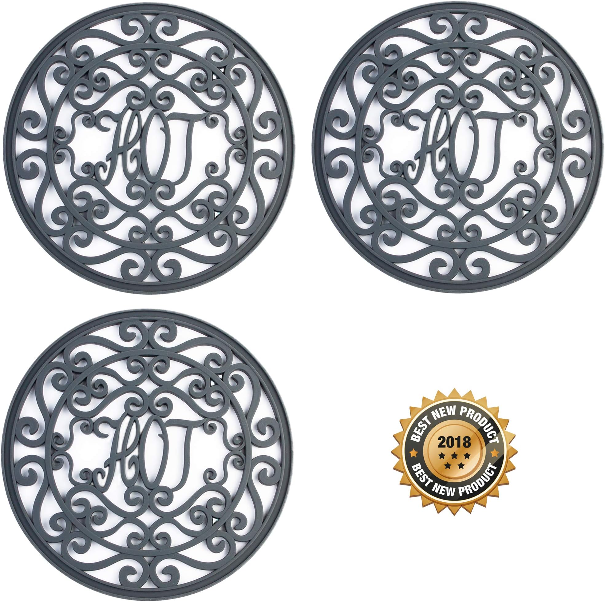 Silicone Trivet for Hot Dishes, Pots & Pans - Decorative Non Slip Mat 'Hot Ironworks' Design Gives a Rustic Charm Protective Pads for Kitchen Counter (7.5 in Round, 3-Set, Dark Gray)