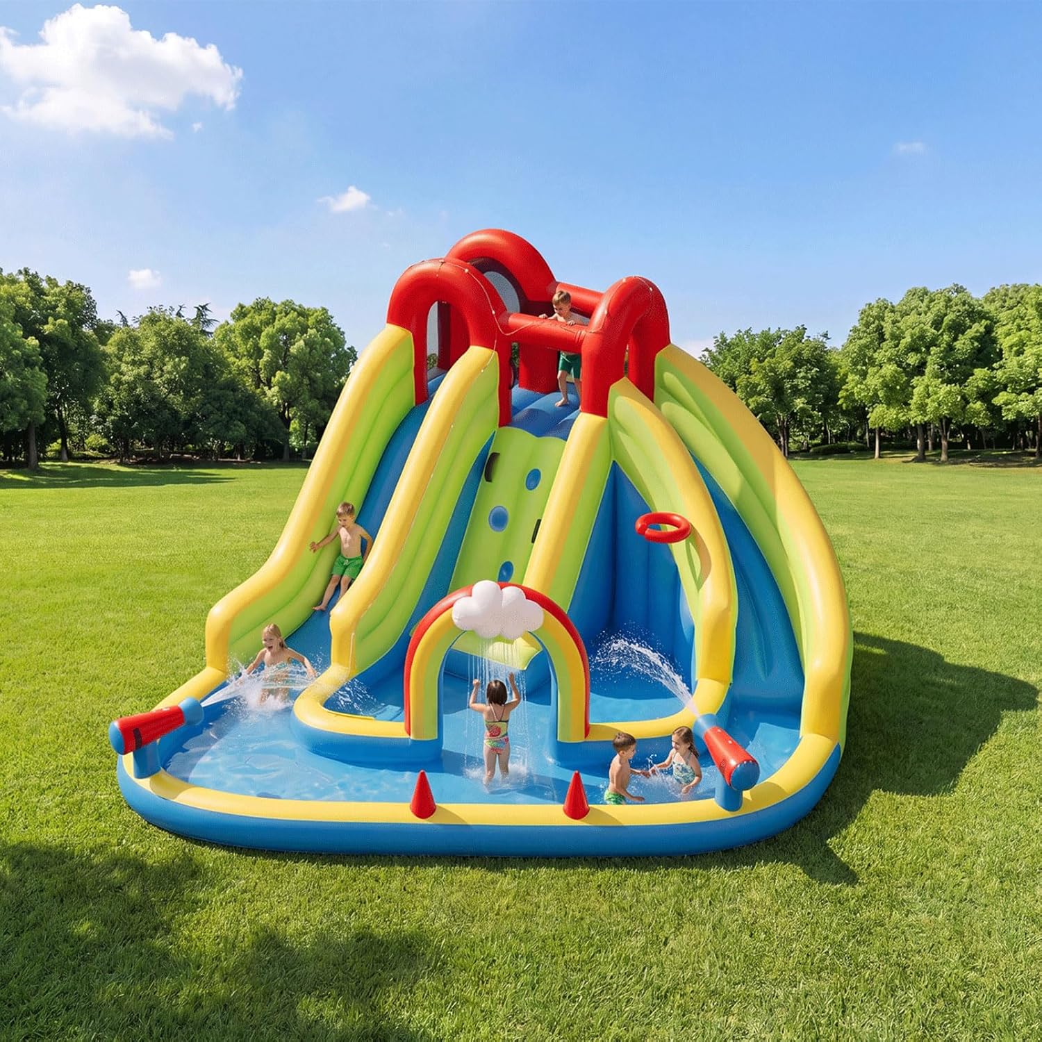 Inflatable Water Slide for Kids Backyard with 450W Blower, Jumping Castle with Water Slide, Water Park Bounce House for Indoor and Outdoor Activities, 15.75′ × 12.63′ × 7.22'