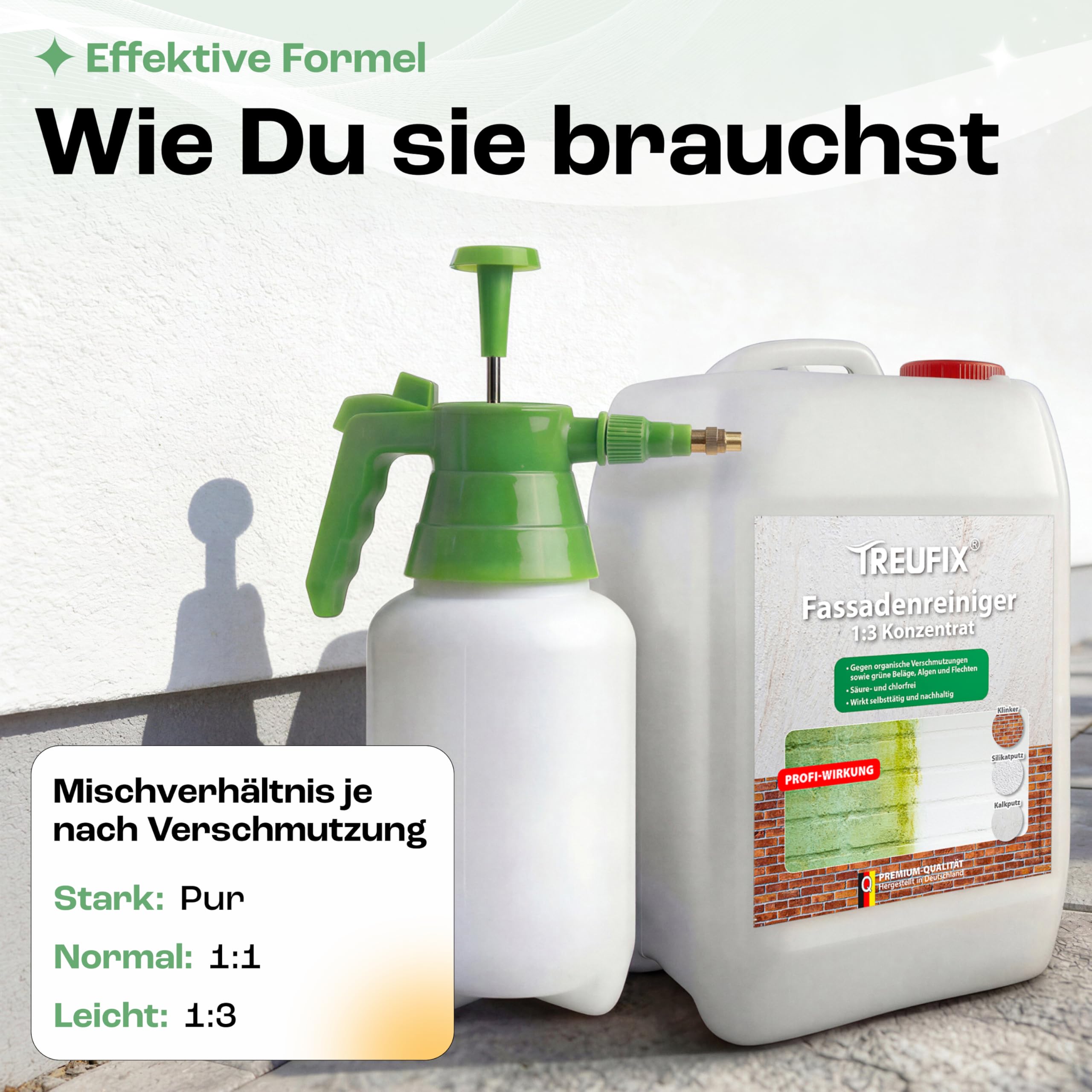 Treufix Fassadenreiniger Konzentrat 5L kraftvoll gegen Algen & Grünbelag | Profi Fassadenreinigung gegen organische Verschmutzungen für Putz, Beton, Klinker Hauswand & mineralische Fassaden
