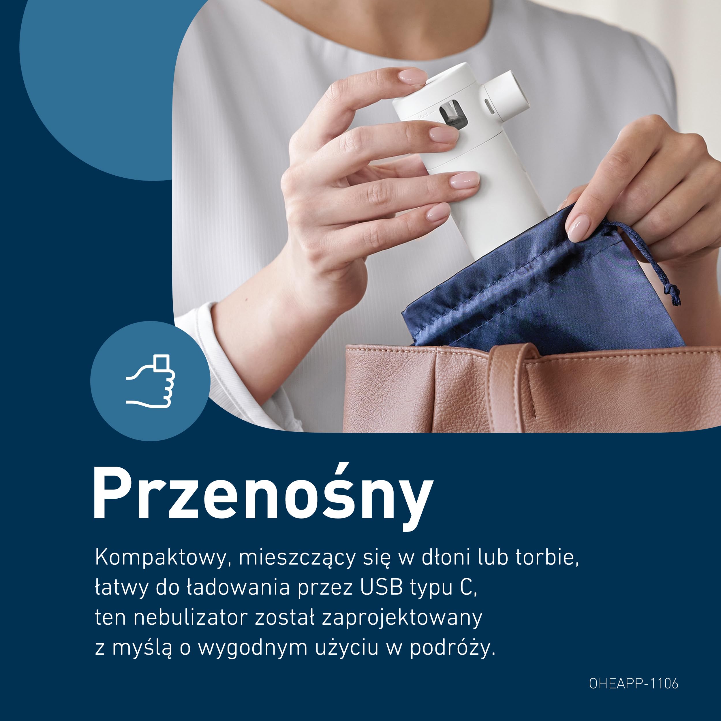 OMRON MicroAir Move Cichy Przenośny Nebulizator Inhalator Siateczkowy dla Dorosłych i Dzieci z Maskami i Ustnikiem Ładowany USB-C
