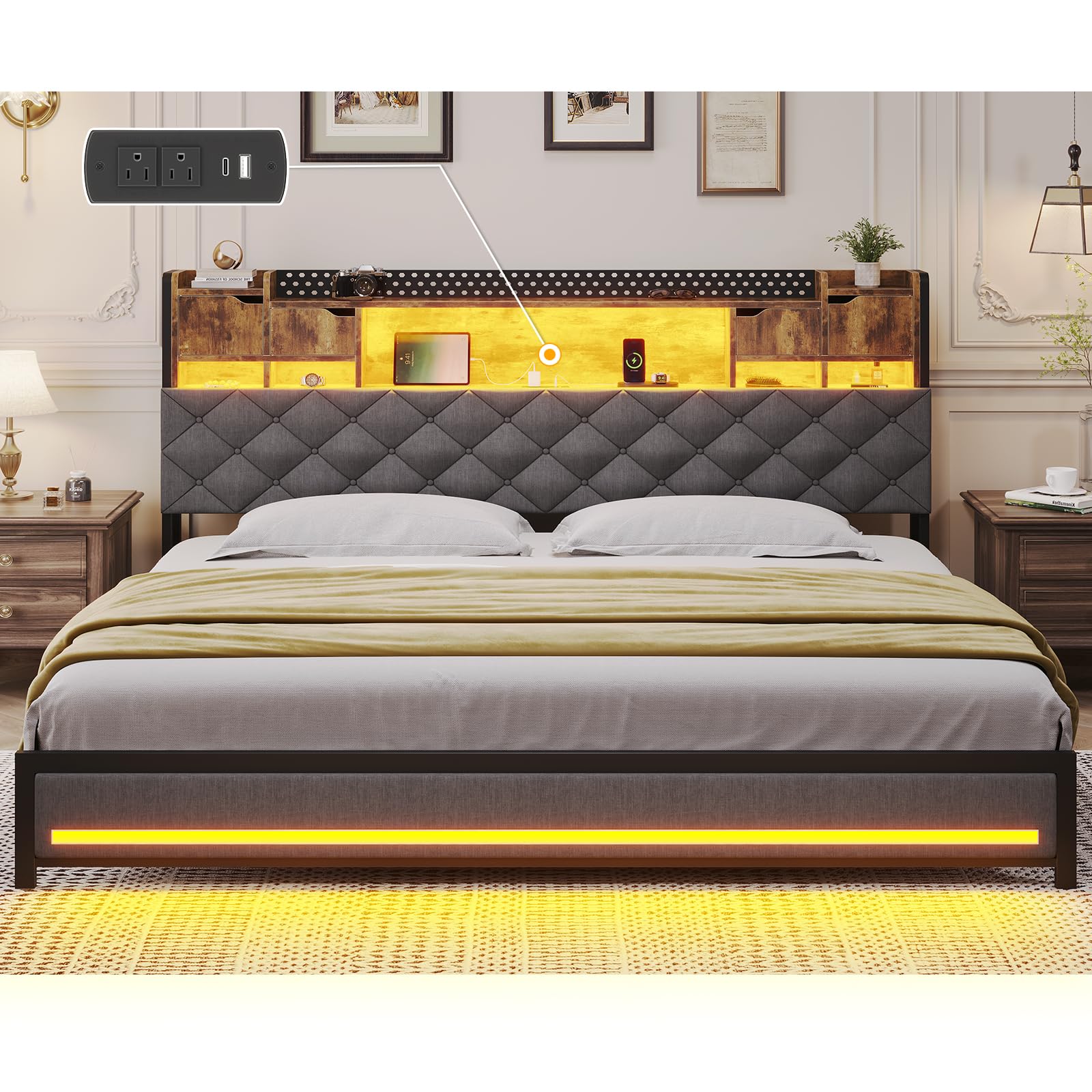 Amazon.com: busyaeh King Size Bed Frame with Upholstered