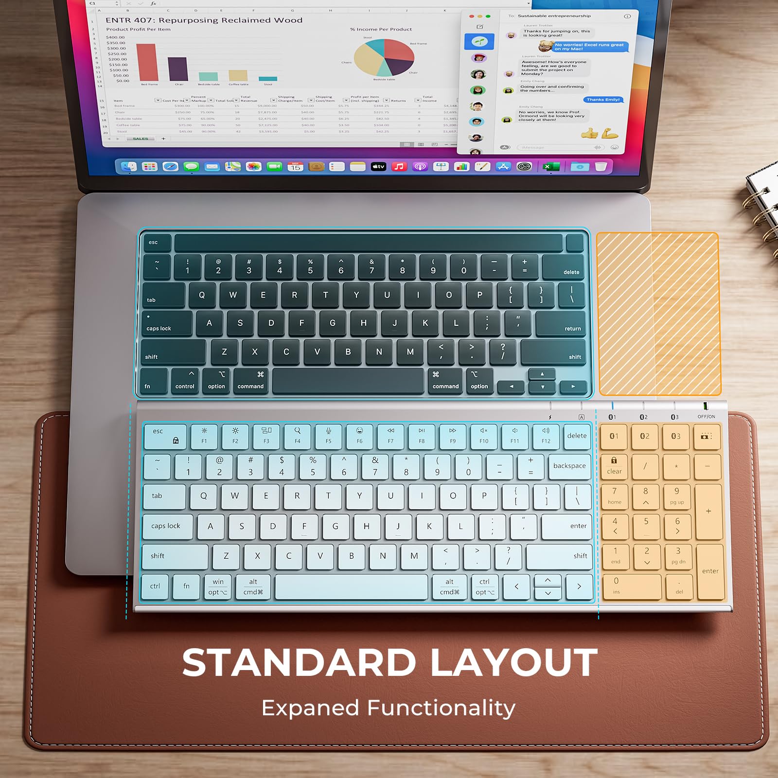 iClever BK10 SE Bluetooth Keyboard for Mac, Multi-Device Slim Wireless Keyboard with Numeric Keypad, Standard Full-Size Keys, USB-C Rechargeable, Compatible with iPad Windows iOS Android — view 3