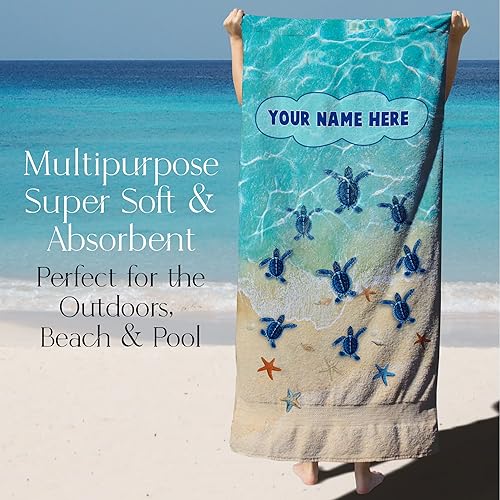 Miniatura 3 de Toalla de playa personalizada de tortuga de verano para niños o adultos con nombre personalizado para niños o niñas, microfibra absorbente y algodón