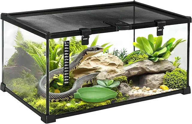 PawHut Glass Terrarium - Vivarium Reptiles & Batracians - Habitat Turtle - Lockable Sliding Lid - Water Dispenser, Thermometer Included - Metal Black Glass