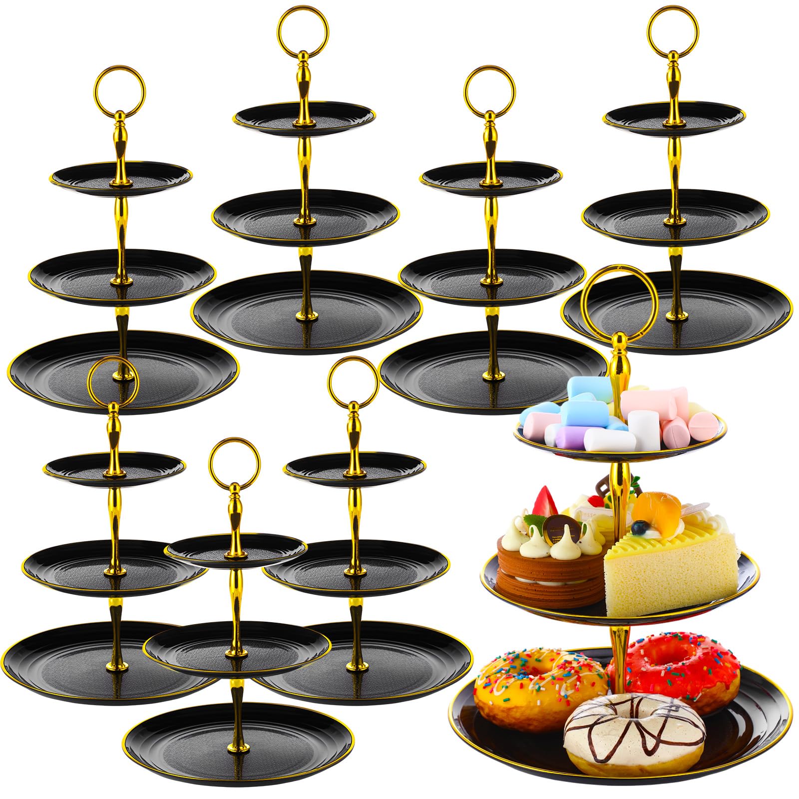 Teenyyou 8 Pack 3 Tier Cupcake Stand Bulk Tiered Dessert Stand Thick Plastic Serving Tray with Gold Edges Dessert Table Display Set Tea Cake Holder