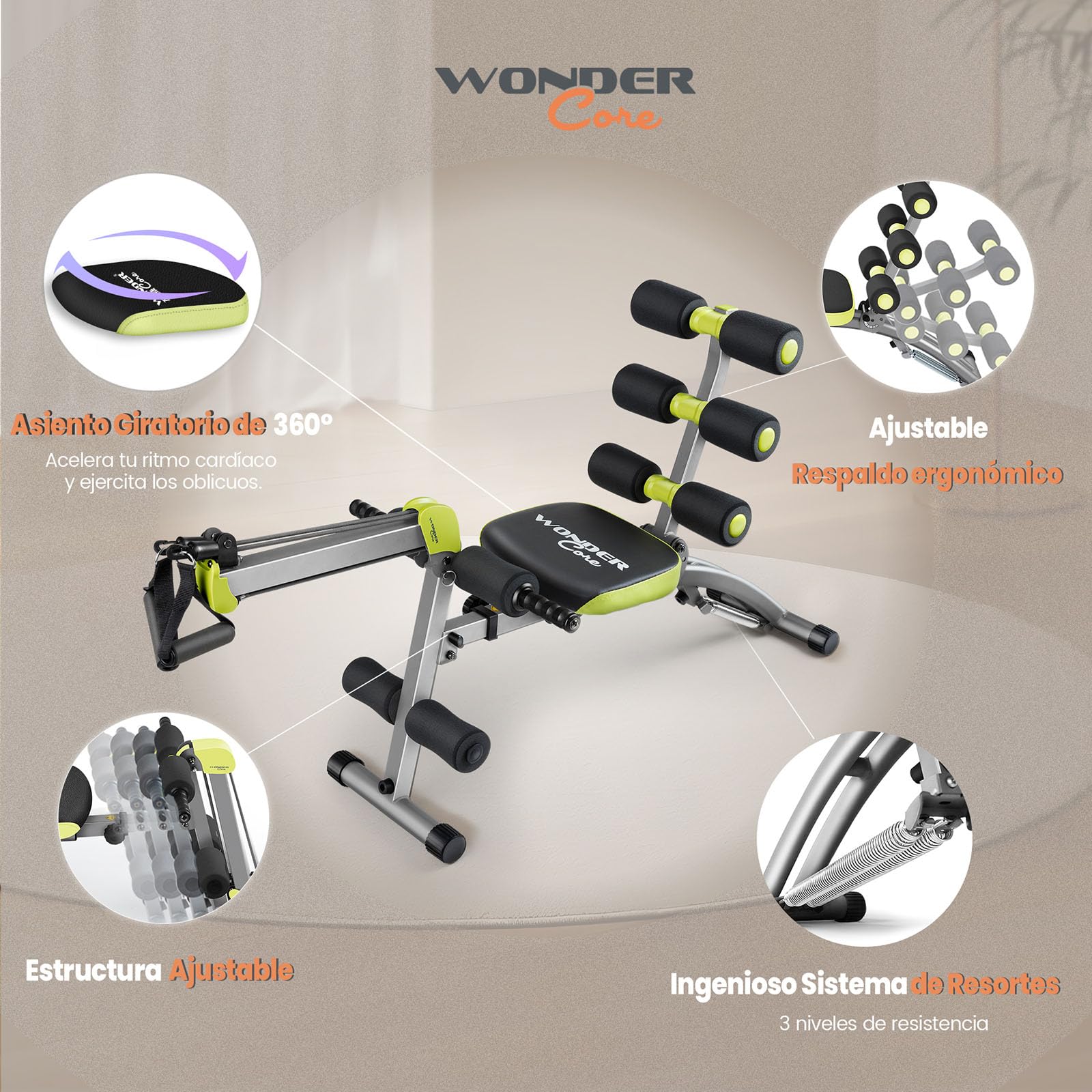 Wonder Core 2 - Banco de Ejercicios con Asiento Giratorio y Remera, Unisex
