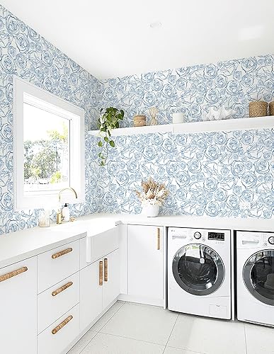 Miniatura 3 de Safiyya Papel tapiz autoadhesivo de 118 x 17.3 pulgadas, papel de contacto azul y blanco, papel tapiz floral con rosas florales, papel de pared