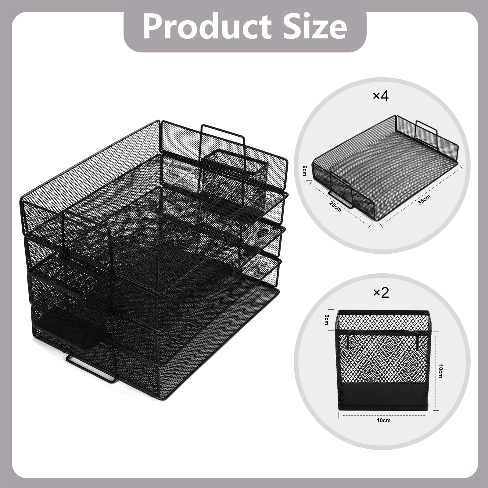 Cinnani Stapelbare Briefablage Mit Stifthalter aus Metall,4Etagen,Dokumentenablagen,A4Ordnern,Briefen,Papier,Metall Schreibtisch Organizer Tablett (Schwarz)