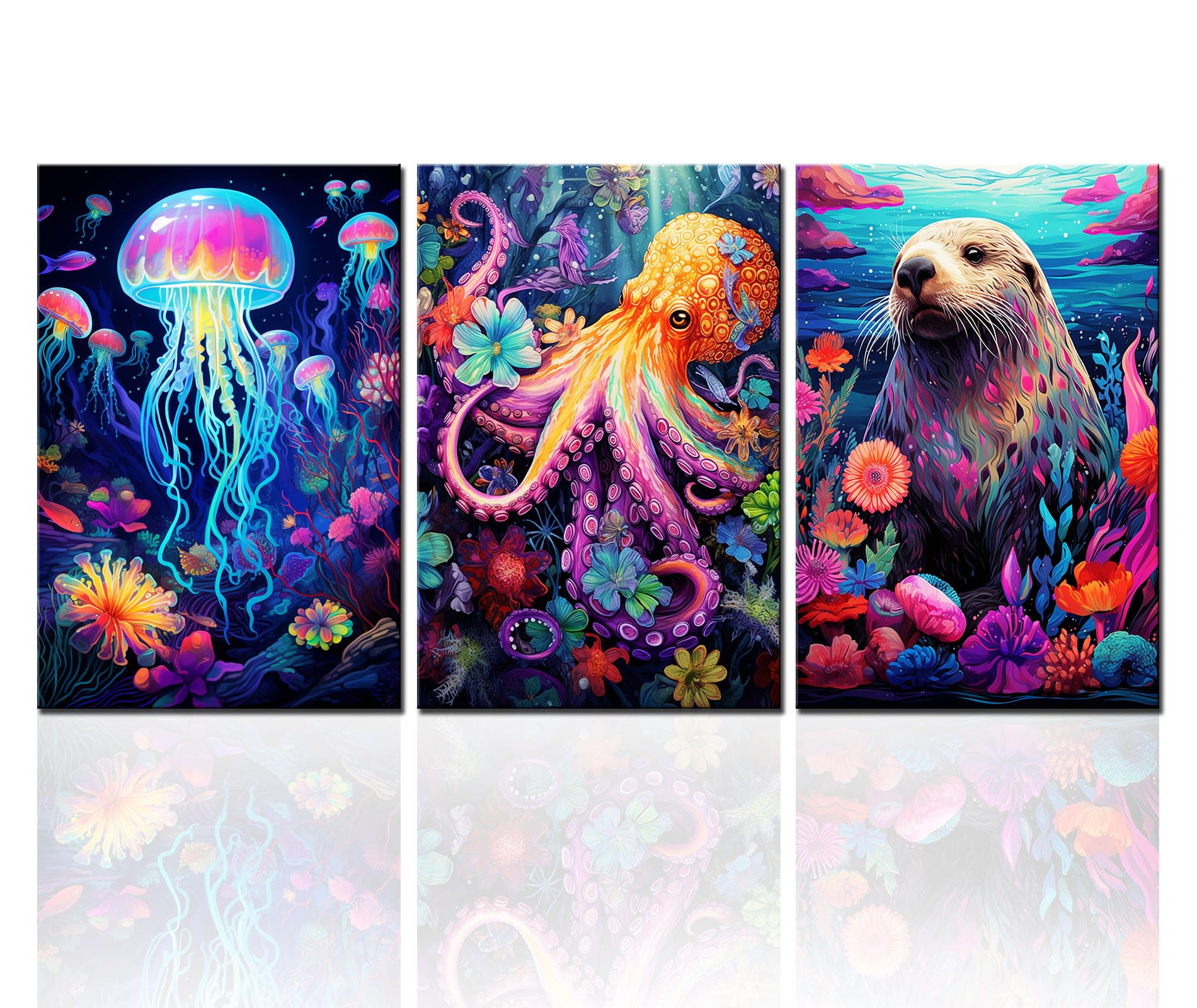 Tucocoo Bathroom Pictures Wall Decor Octopus Jellyfish Colorful Paintings 3 Panel Canvas Ocean Scenery Animals Art Contemporary Artwork Home Decor for Living Room Framed Ready to Hang 48''Wx24''H โ image 1