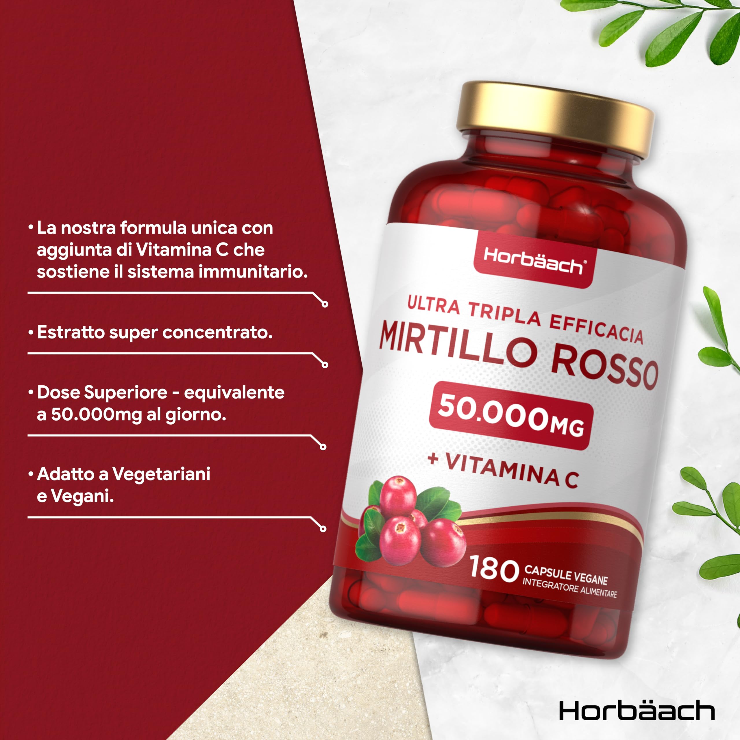 Mirtillo Rosso 50000 mg con Vitamina C | Cranberry 50:1 Extract | 180 Capsule Vegane in Polvere | Horbaach