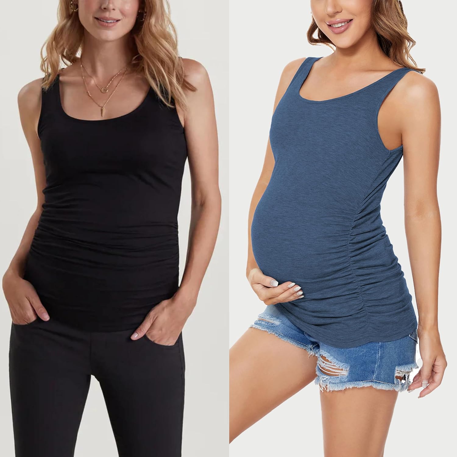 Ecavus 3PCS Womens Layering Maternity Tank Top Pregnancy Shirt Scoop Neck Sleeveless Ruched Vest - Image 3