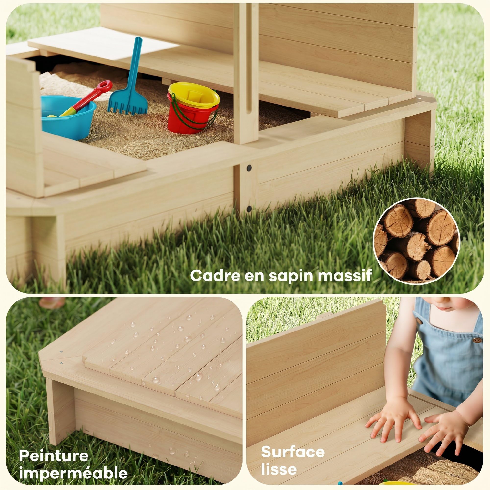 Outsunny Bac à Sable carré en Bois pour Enfants dim. 106L x 106l cm avec bancs et Couvercle - auvent réglable