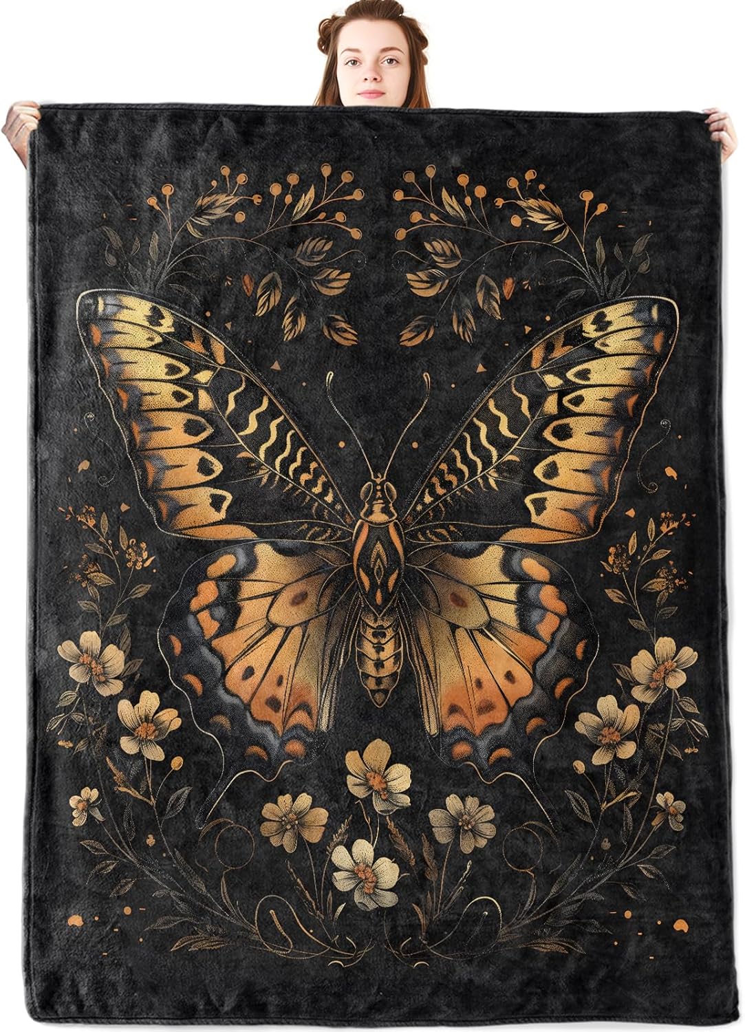 Butterfly Flannel Blanket,Vintage Gold Floral Insect Throw with Black Background,Gothic Botanical,Lightweight Fleece Blankets for Nature Lover,Couch,Cabin,Bed,Camping Decor Gifts,60x50in