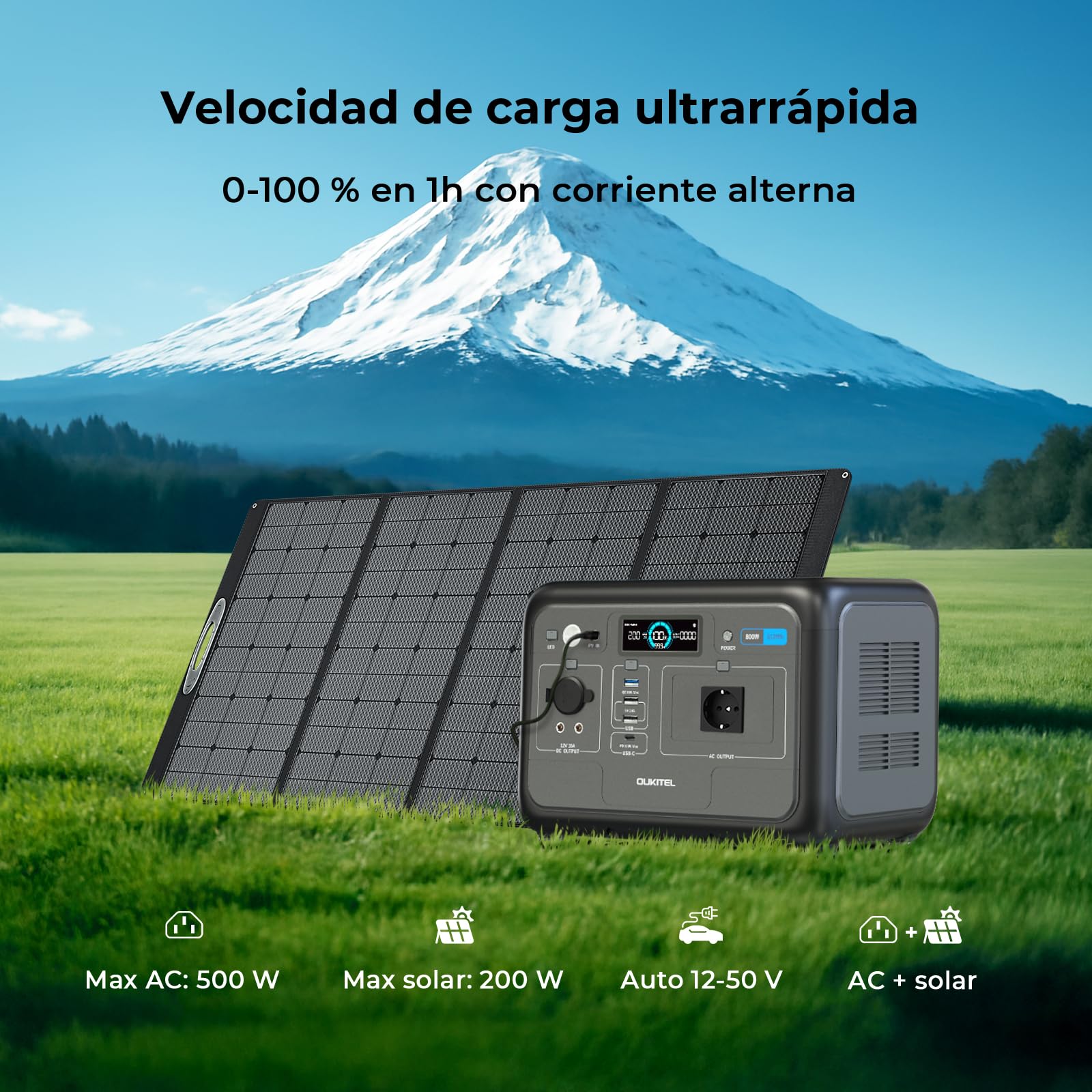 OUKITEL P800 Estación de Energía Portátil 800W con Panel 100W, Generador Solar con Batería Lifepo4 de 512 Wh, Generador con Salidas USB A Y C, Potencia Máxima de 1600 W, Carga Rápida, Portátil 6 Kg