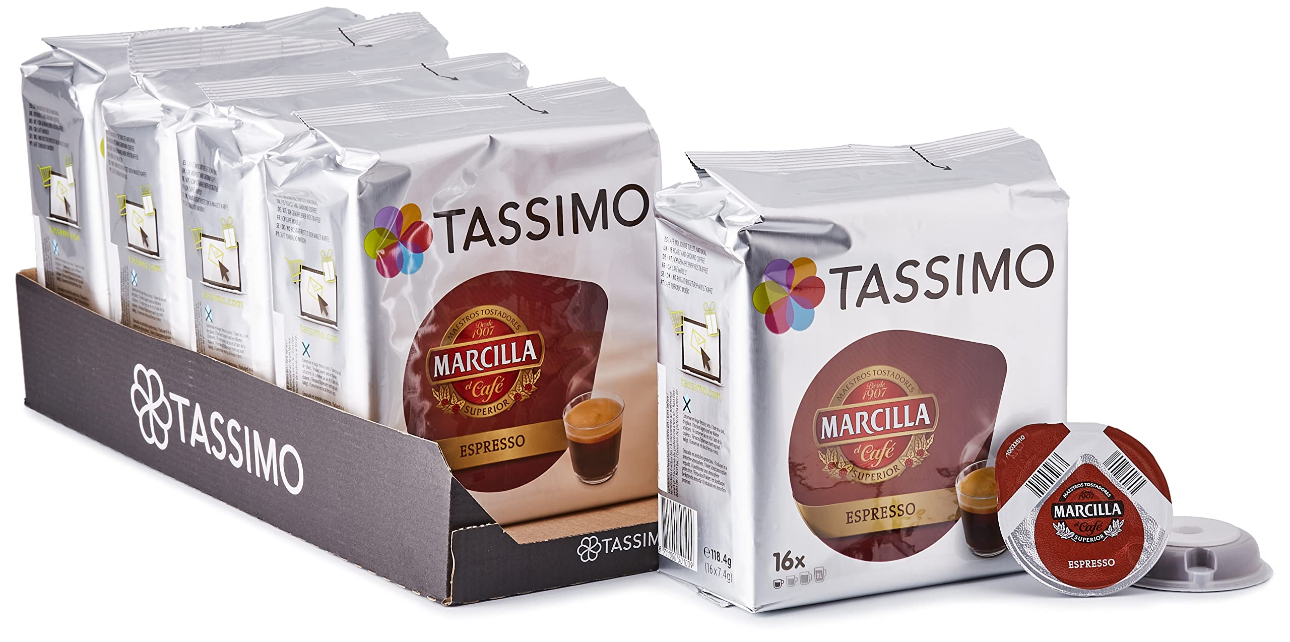 Tassimo Cápsulas de Café Marcilla Espresso | 80 Cápsulas Compatibles con Cafetera Tassimo - 5PACK & Cápsulas de Café L’OR Lungo Profondo | 80 Cápsulas Compatibles con Cafetera - Intensidad 13-5PACK