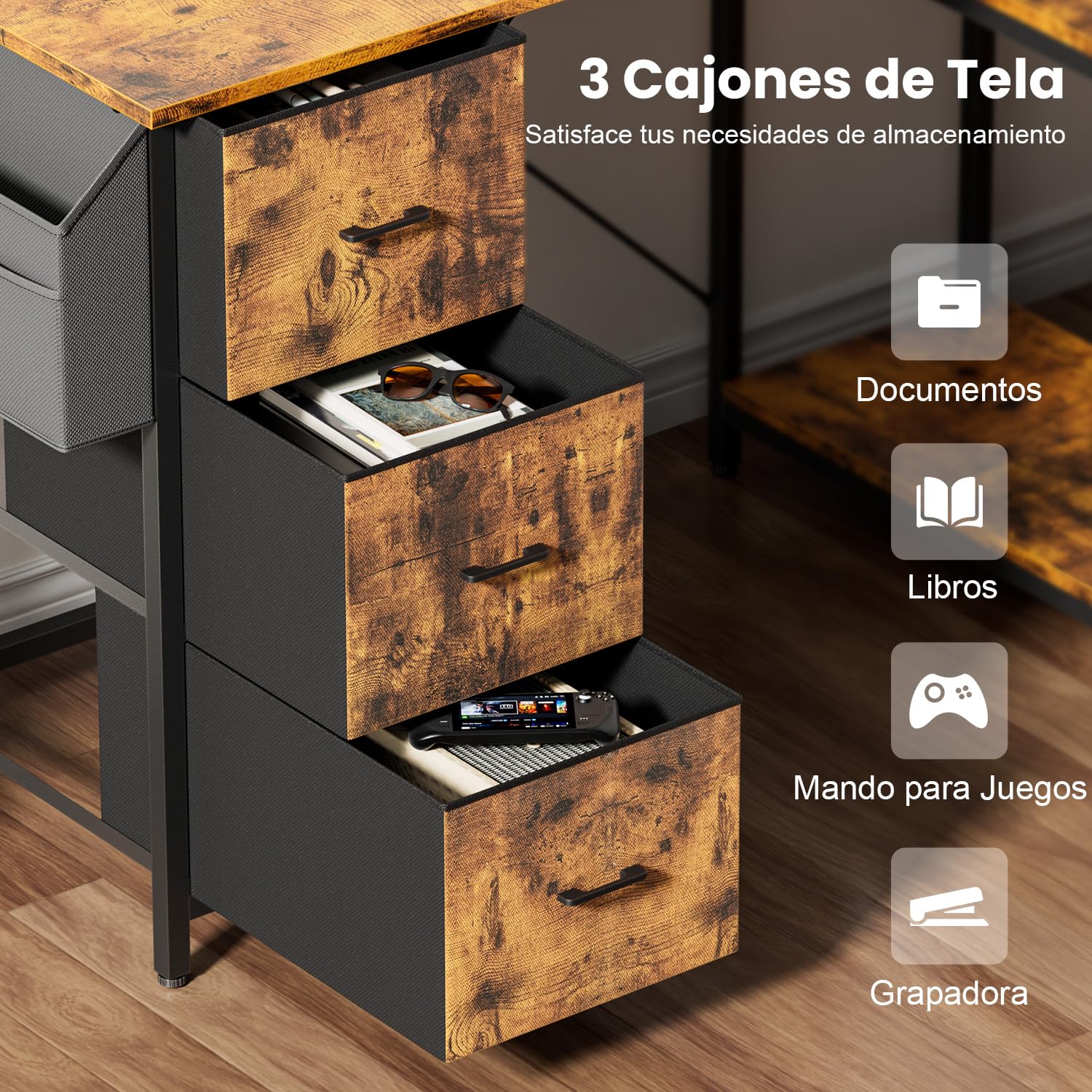 SOLAVERO Escritorio Esquinero, 120 x 78 cm Mesa Gaming, Escritorio en L con 3 Cajones, Mesa Ordenador con Bolsa de Almacenaje, Estante Ajustables, para Oficina en Casa, Estudio y Juegos, Marrón