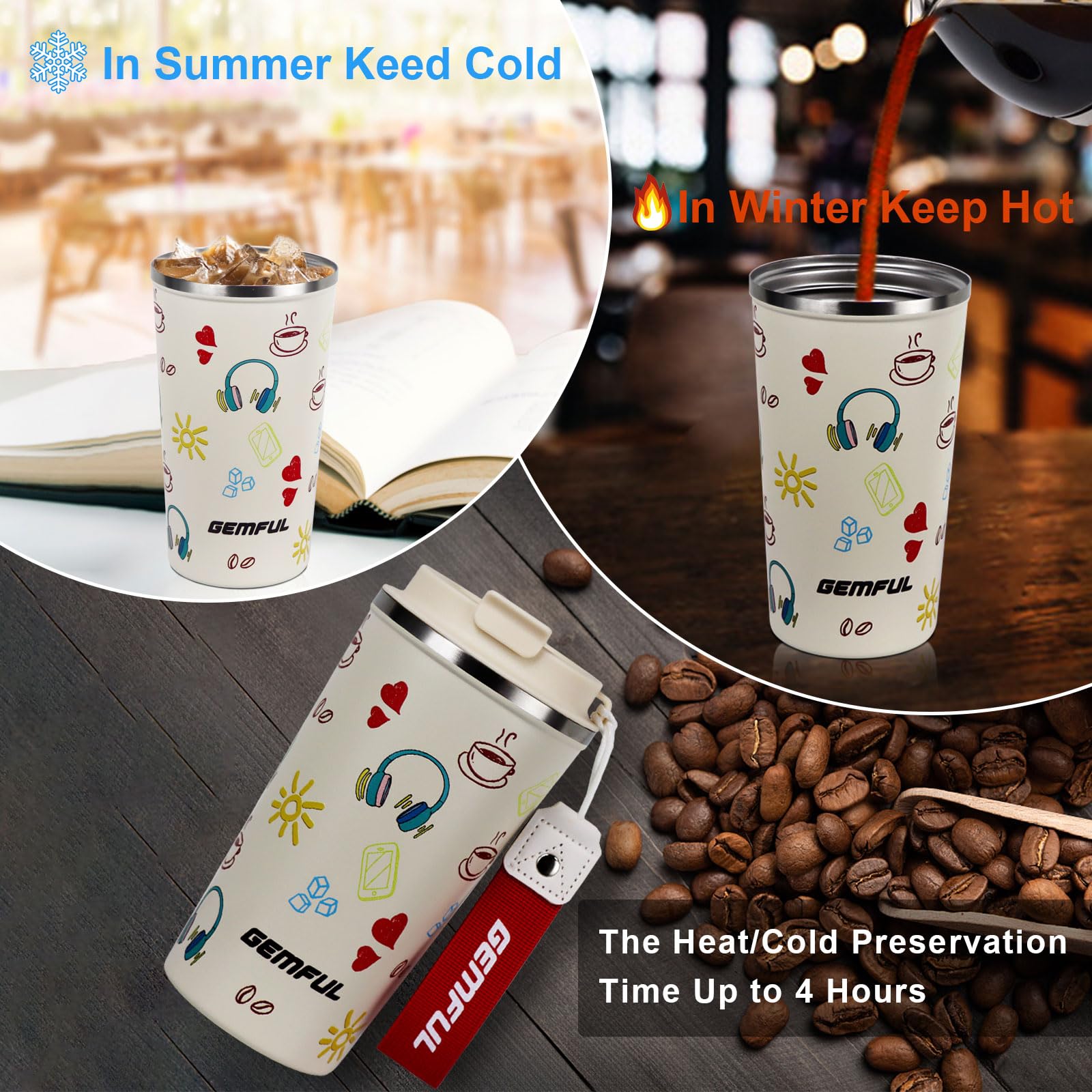 GEMFUL 510ml Insulated Travel Mug, Stainless Steel Double Wall Coffee Mug - Leak Proof Thermos for Hot & Cold Drinks (Cream) - Image 2