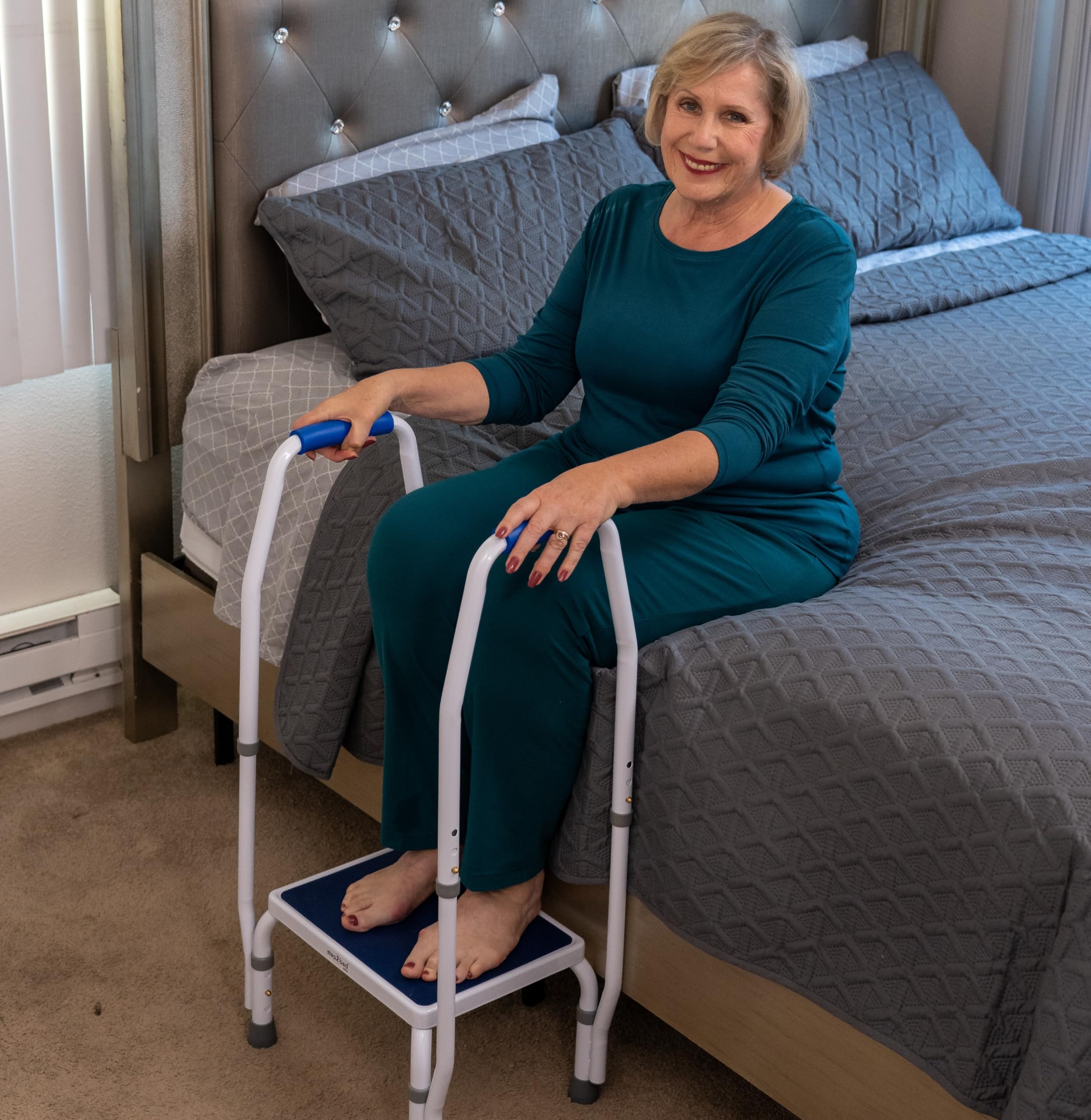 step2bed Mini Step Stool with Handle for Elderly - Adjustable Height for Seniors with Handicap Grab Bars -