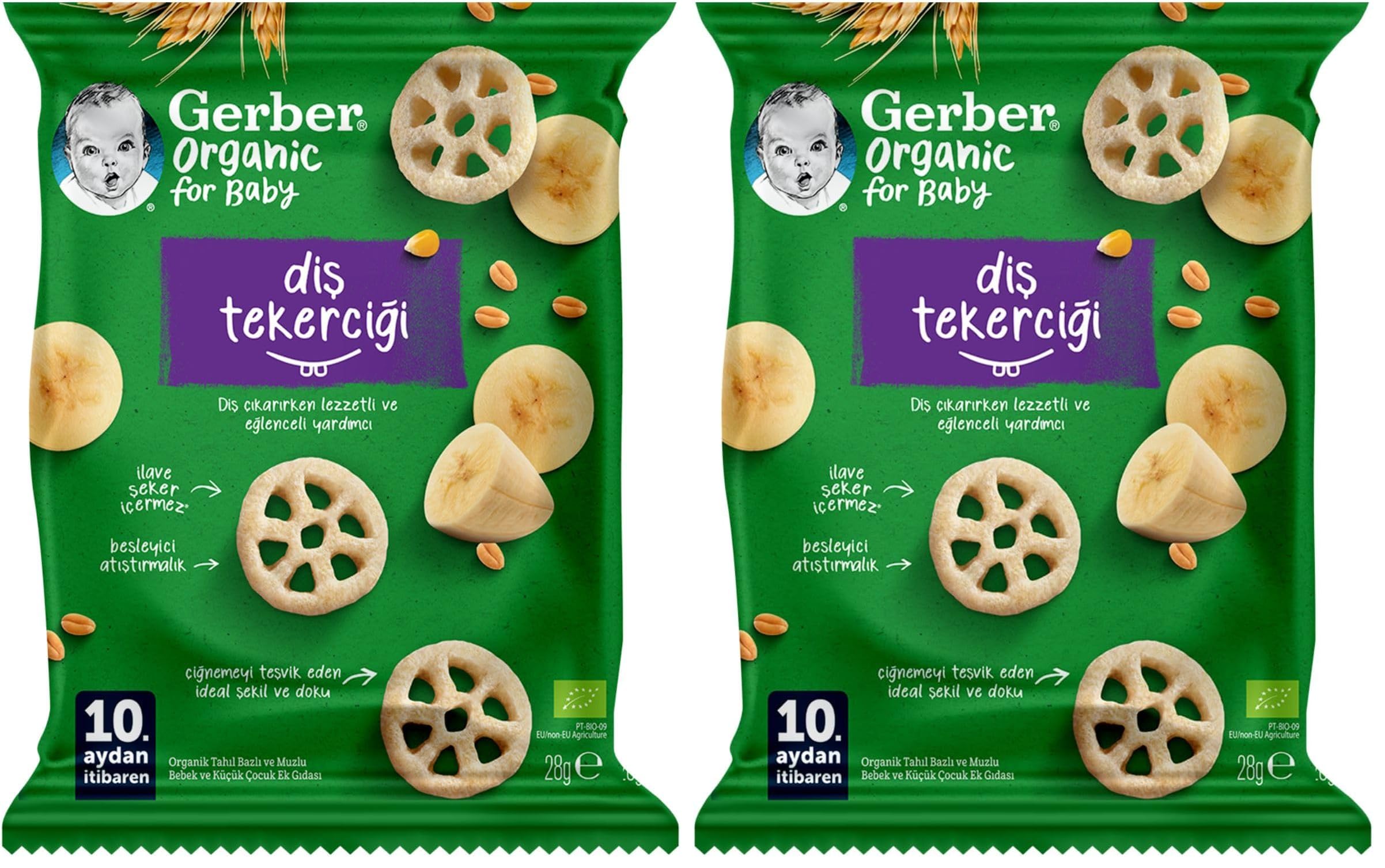 Gerber Organic Diş Tekerciği Tahıl Bazlı ve Muzlu Bebek ve Küçük Çocuk Ek Gıdası 28g 2li paket