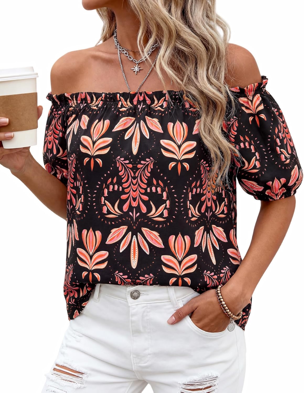 BTFBM Off The Shoulder Spring Tops for Women Summer Blouses Boho Floral Short Sleeve Shirts Dressy Casual Outfits 2026 - Image 3
