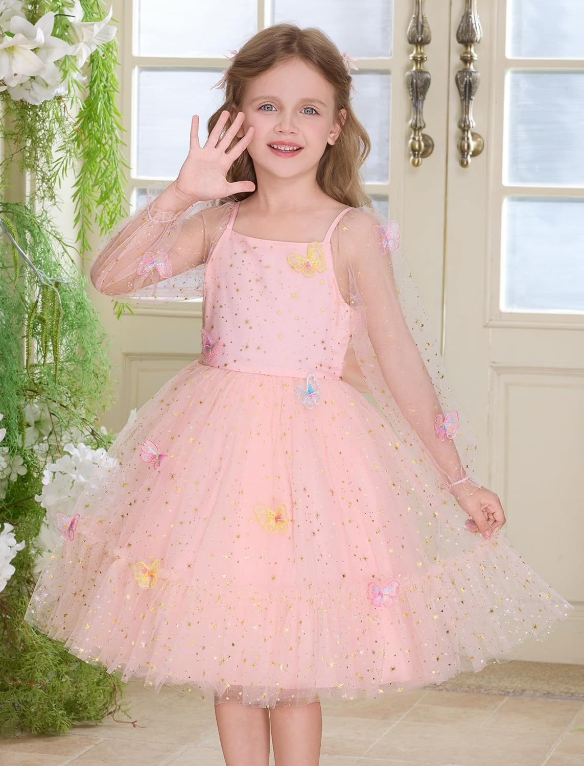 Kids Girls Birthday Party Long Sleeve Star Glitters Tulle Tutu Dress 3D Butterfly Star Sequins Ruffle Dress