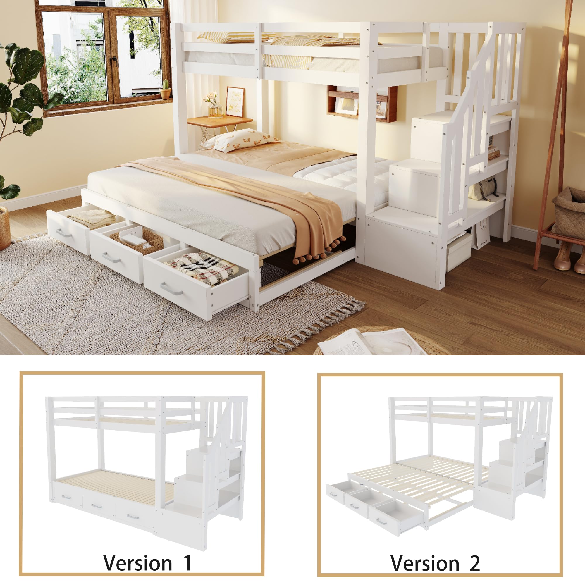 Litera de 90x200 cm con Cama Nido para 2 Personas, Cama Litera Matrimonio con 3 Cajones y Escalera Almacenaje, Cama Infantil Literas con Barandilla Anticaída y Lamas Madera, Sin Colchón, Blanco