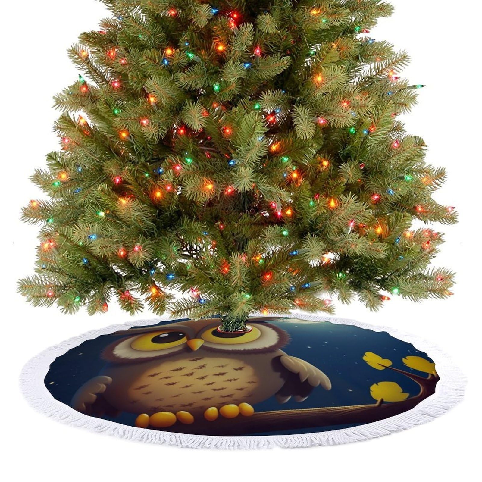 Owl and Yellow Moon Christmas Tree Skirt 48"x48" Rustic Xmas Tree Mat with Tassel Ornament Christmas Trees Cover Skirt Mat for Evergreen Trees Ornament Winter Holiday Mats Decorations